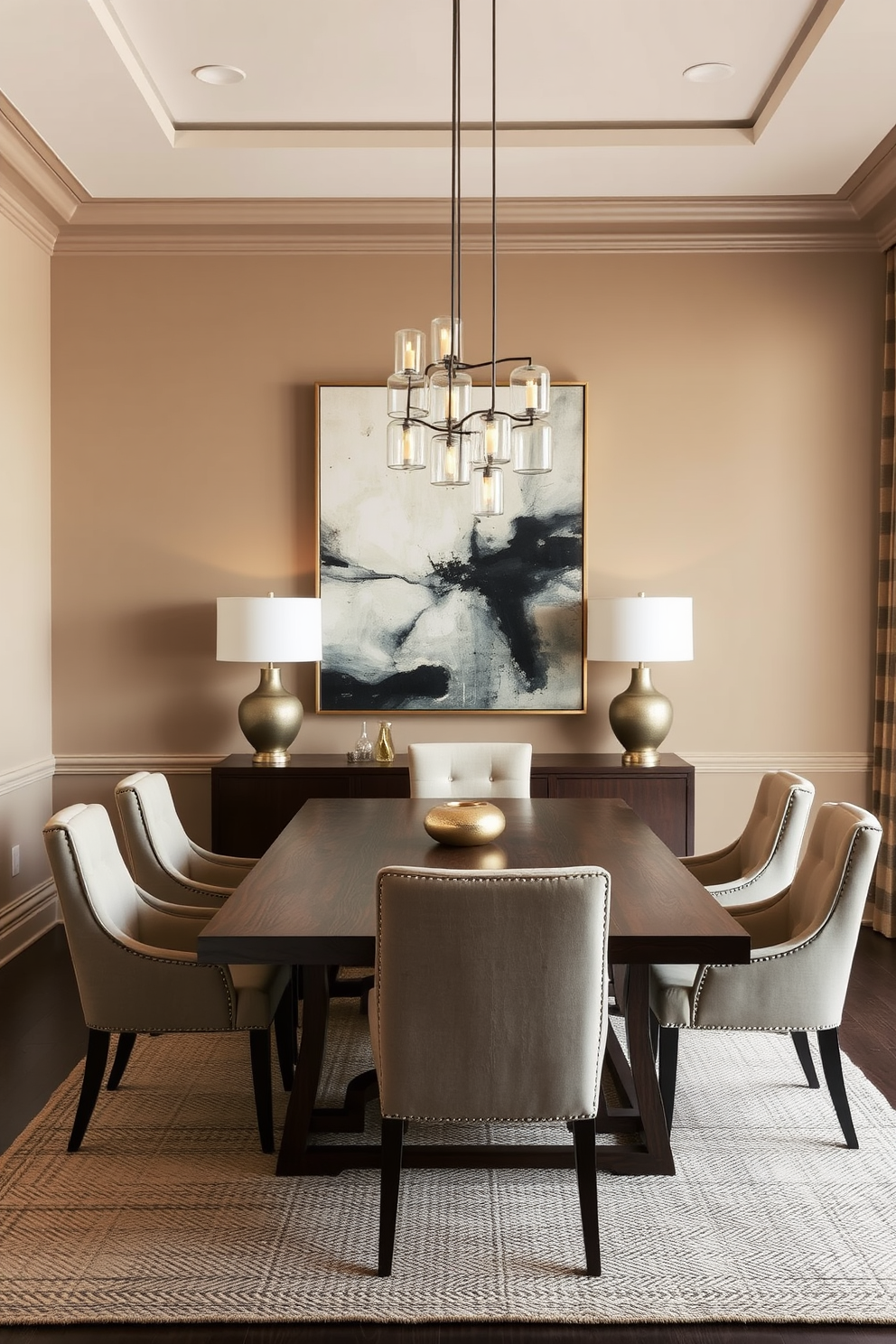 A transitional dining room features open shelving that showcases an array of decorative items and curated pieces. The shelves are made of light wood, complementing the warm tones of the dining table and chairs. The dining area is anchored by a large wooden table surrounded by upholstered chairs in a neutral fabric. A statement chandelier hangs above, adding elegance and a focal point to the space.