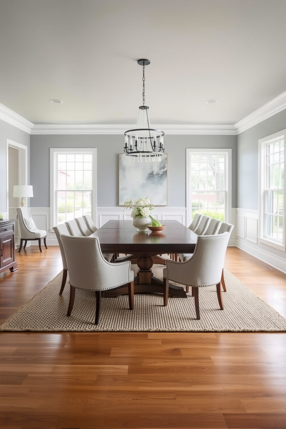 A transitional dining room featuring a large wooden table surrounded by upholstered chairs in a neutral fabric. A woven rug lies underneath, adding warmth and texture to the space while complementing the hardwood floor. The walls are painted in a soft gray, and a statement chandelier hangs above the table, providing elegant lighting. Large windows allow natural light to fill the room, enhancing the inviting atmosphere.