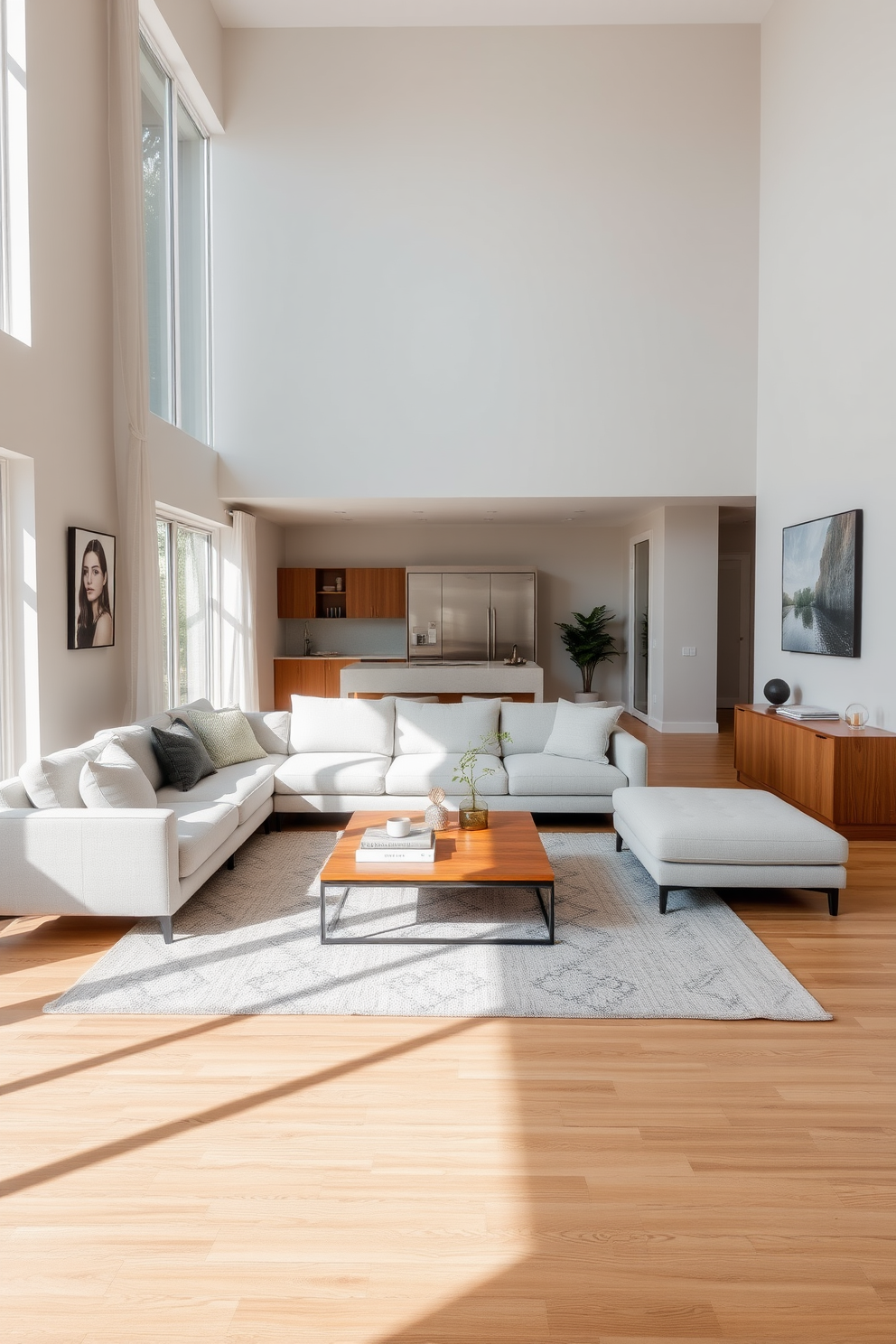 A transitional living room with minimal decor features a sleek sectional sofa in a soft neutral fabric. A large area rug anchors the space, while a simple coffee table sits at the center, adorned with a few carefully selected decor items. The walls are painted in a light gray tone, complementing the warm wood accents throughout the room. Floor-to-ceiling windows allow natural light to flood in, enhancing the airy and open feel of the space.