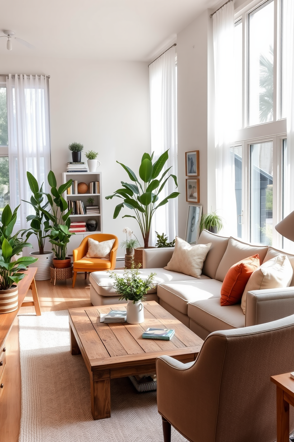 A cozy transitional living room featuring a sleek sectional sofa in a neutral fabric, paired with a stylish coffee table that doubles as a storage unit. A wall-mounted bookshelf holds decorative items and books, while a soft area rug adds warmth to the space. Incorporate a foldable dining table that can be tucked away when not in use, surrounded by upholstered chairs that provide comfort and style. Large windows allow natural light to flood the room, accented by sheer curtains that maintain privacy while enhancing the airy feel.