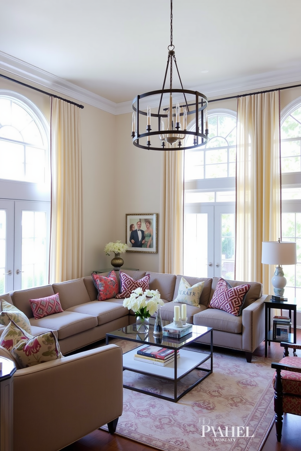 A sleek coffee table with a unique design takes center stage in a transitional living room. The table features a combination of glass and metal elements, creating a modern yet inviting atmosphere. Surrounding the coffee table are plush sofas in neutral tones, accented with colorful throw pillows. Warm wood tones in the furniture and flooring add a touch of coziness to the overall aesthetic.