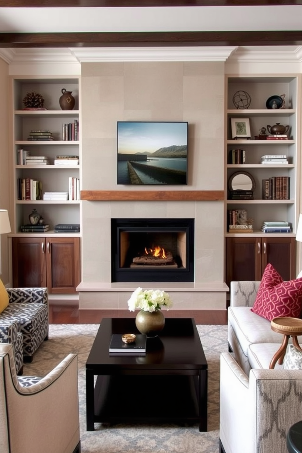 A transitional fireplace is the focal point of this living room, featuring a sleek modern surround that complements the overall design. The fireplace is flanked by built-in shelves adorned with decorative items and books, creating a warm and inviting atmosphere. The living room is designed with a blend of traditional and contemporary elements, showcasing a comfortable sectional sofa in neutral tones. Accent chairs with bold patterns and a stylish coffee table complete the seating area, enhancing the room's elegance and functionality.