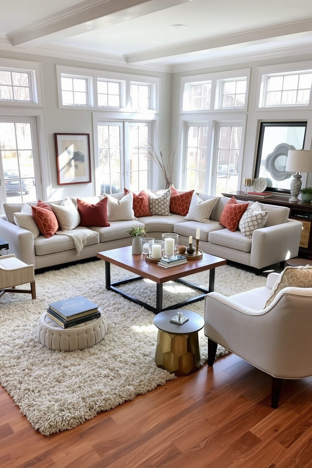 A cozy transitional living room featuring layered textures. Plush throw pillows in varying fabrics adorn a comfortable sectional sofa, complemented by a soft area rug that adds warmth to the hardwood floor. Natural light streams in through large windows, highlighting the mix of modern and traditional furniture. A wooden coffee table sits at the center, surrounded by stylish accent chairs and a collection of decorative books and candles.