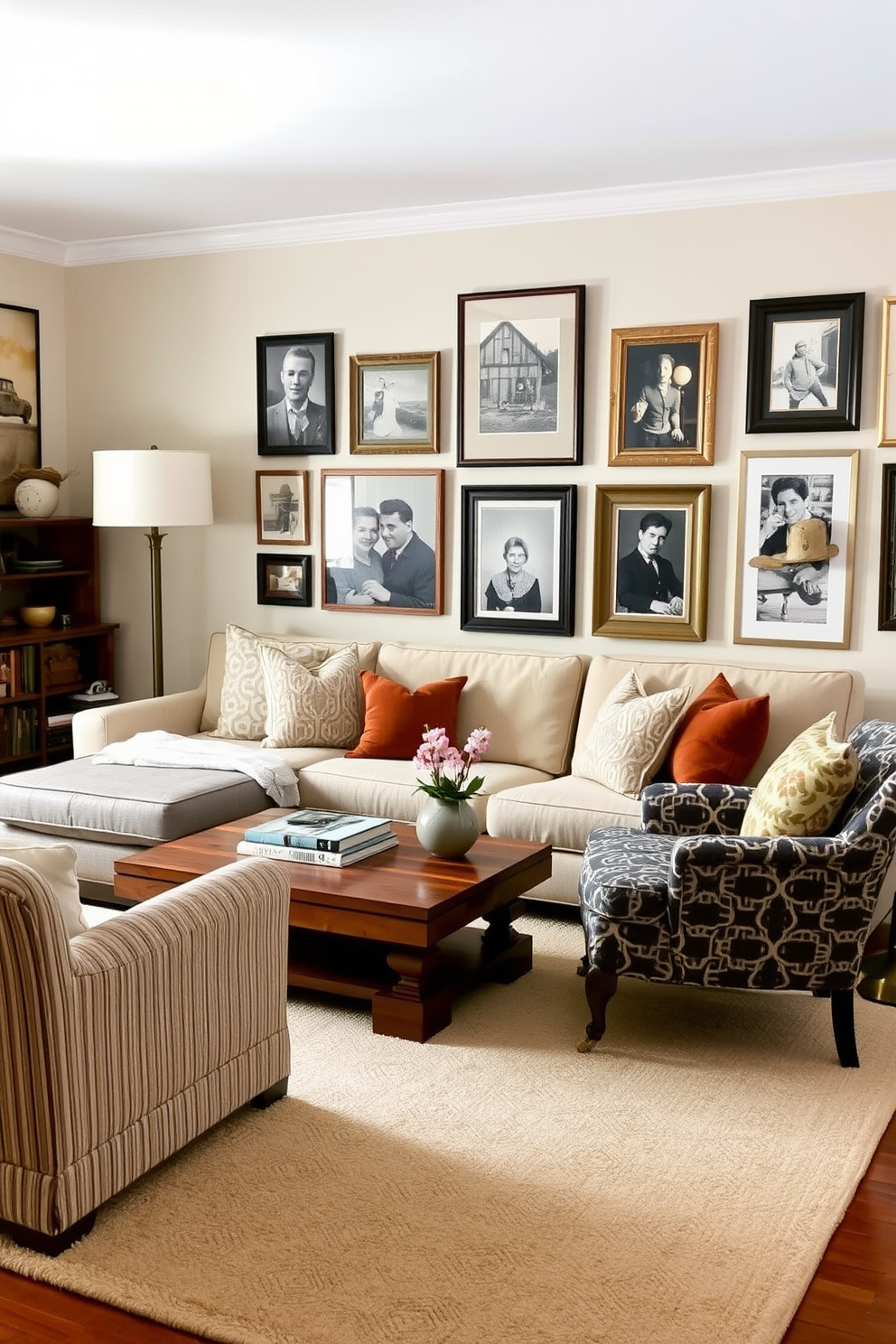 A cozy transitional living room that blends vintage and contemporary elements. There is a plush sectional sofa in a neutral fabric paired with a reclaimed wood coffee table and an antique armchair upholstered in a bold pattern. The walls are adorned with a mix of modern art and vintage photographs in eclectic frames. A soft area rug with a geometric design anchors the space, while a stylish floor lamp and a collection of decorative pillows add warmth and character.