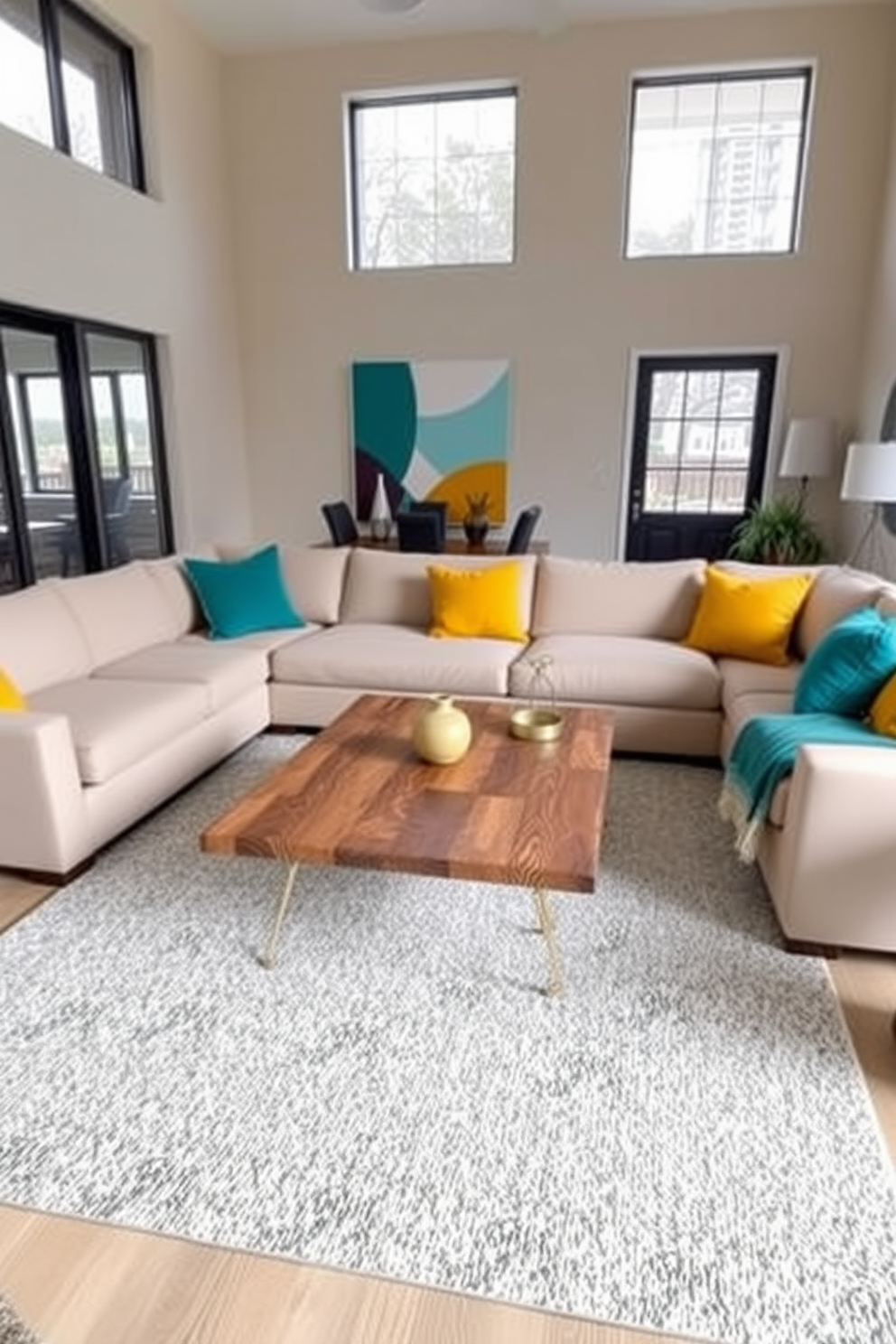 A spacious living room featuring a comfortable sectional sofa in a soft beige fabric. Brightly colored throw pillows in shades of teal and mustard add vibrant accents to the neutral palette. A sleek coffee table made of reclaimed wood sits in the center, surrounded by a plush area rug with subtle geometric patterns. Large windows allow natural light to flood the space, highlighting the artwork on the walls that incorporates bold colors.