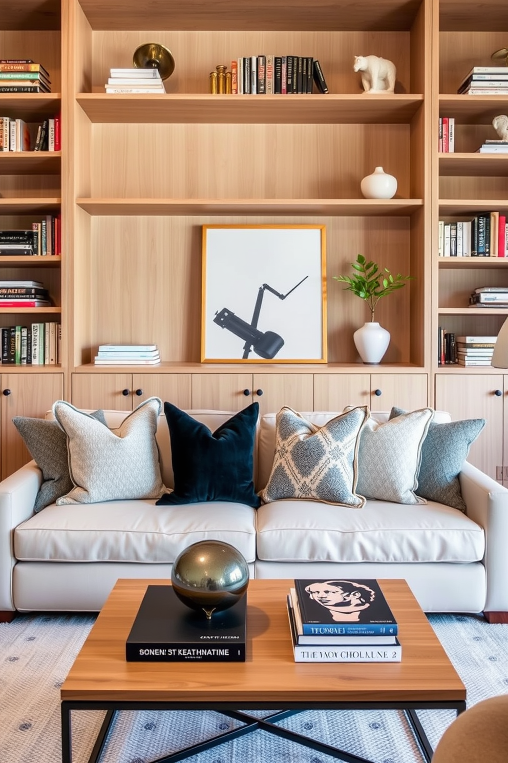 A transitional living room design featuring a striking fireplace as the focal point. The fireplace is framed with elegant stone and complemented by a stylish mantel adorned with carefully selected decor items. The seating arrangement includes a mix of modern and traditional furniture, with a plush sectional sofa and classic armchairs. Soft, neutral tones dominate the color palette, accented by vibrant throw pillows and a cozy area rug.