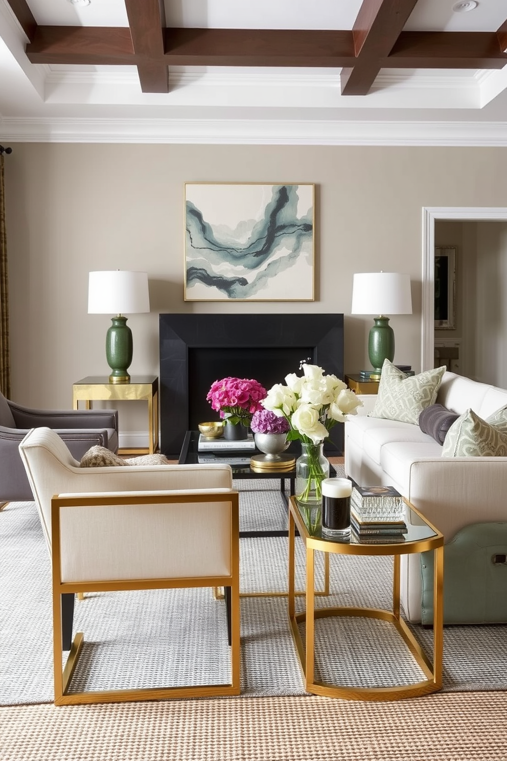 A unique shelving unit made of reclaimed wood stands against a soft gray wall, showcasing an array of decorative items and plants. The shelves are artfully arranged with books, framed photos, and ceramic vases, creating a personalized touch. The living room features a blend of modern and traditional furniture, with a plush sectional sofa in a neutral tone and a vintage coffee table. Large windows allow natural light to flood the space, enhancing the inviting atmosphere with layered textiles and warm accents.