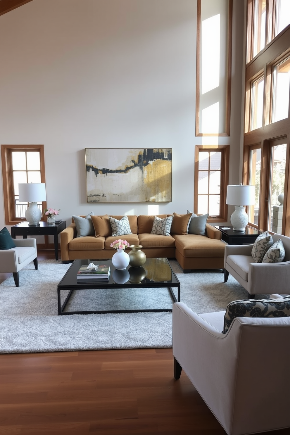 A transitional living room featuring bold artwork that serves as conversation starters. The room is designed with a mix of contemporary and traditional furniture, creating a harmonious balance.