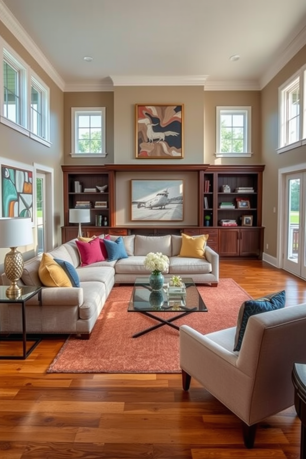 A transitional living room featuring a comfortable sectional sofa in a soft beige fabric paired with vibrant teal accent pillows. The space includes a sleek coffee table made of reclaimed wood and a large area rug that adds warmth with subtle patterns. A stylish media console in a dark wood finish anchors the room, complemented by a gallery wall of colorful artwork. Large windows allow natural light to flood in, showcasing a mix of greenery from potted plants placed strategically throughout the space.