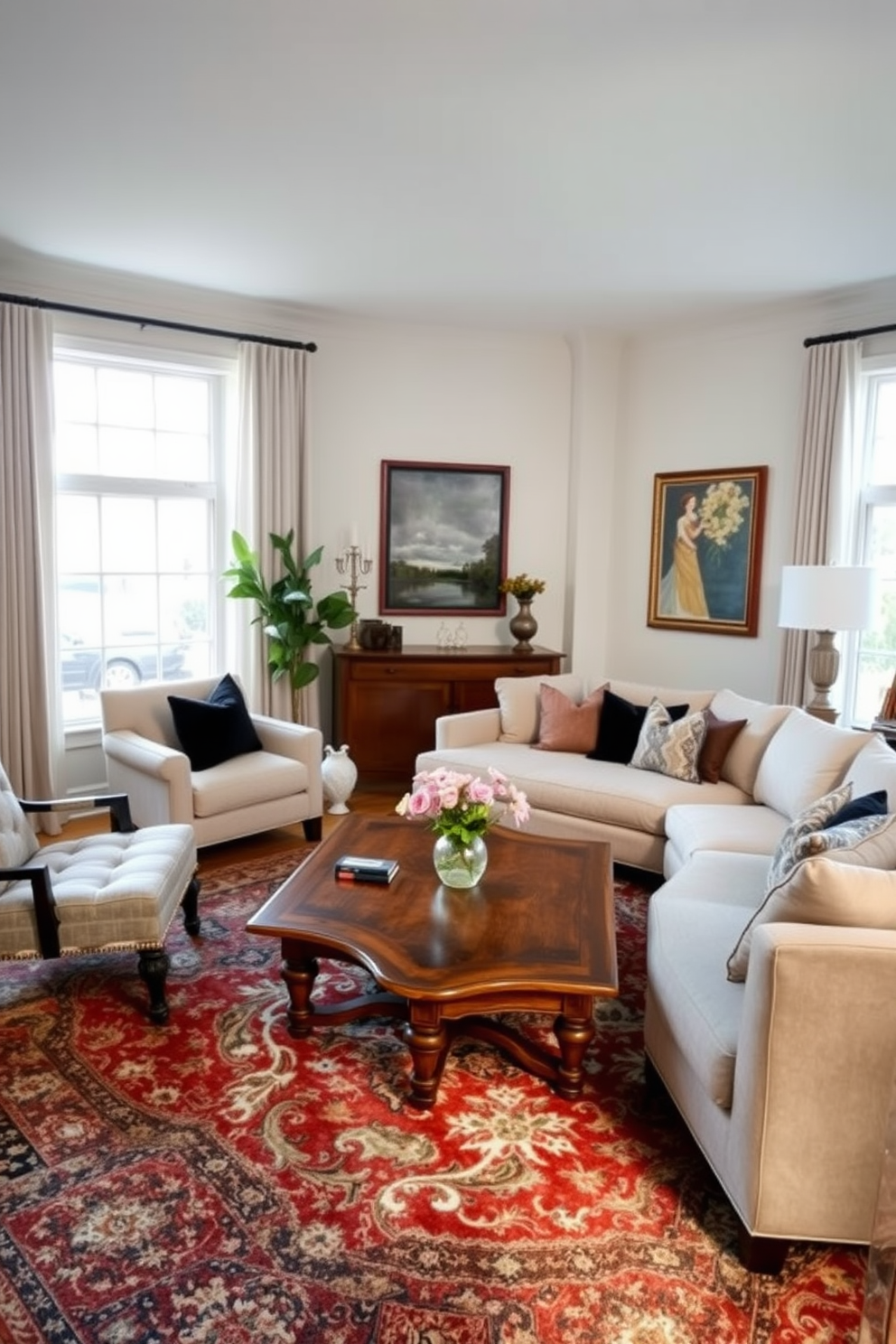 A transitional living room featuring a blend of modern and traditional furniture. The space includes a plush sectional sofa in a neutral tone paired with an antique wooden coffee table that adds character. On one side, a contemporary armchair complements the sofa, while a vintage area rug ties the room together. Large windows allow natural light to fill the room, highlighting the elegant artwork displayed on the walls.