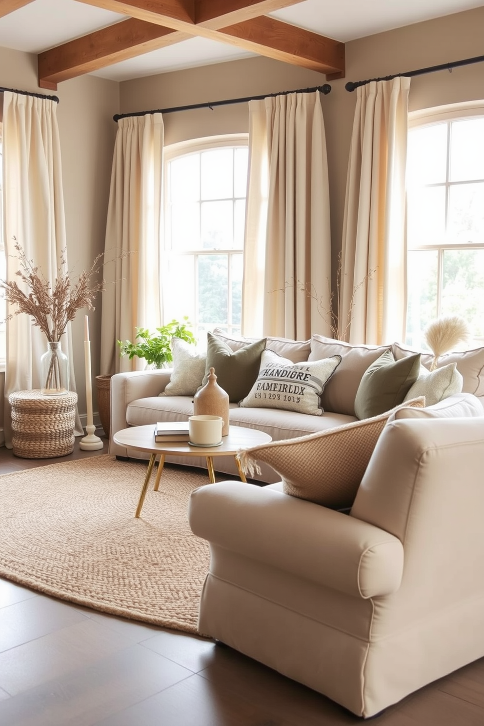 A cozy living room featuring a blend of natural fibers in the textiles. Soft linen curtains frame large windows, allowing ample natural light to fill the space. A plush area rug made of jute anchors the seating area, which includes a comfortable sofa adorned with cotton and wool throw pillows. The color palette consists of warm earth tones, enhancing the inviting atmosphere of the room.