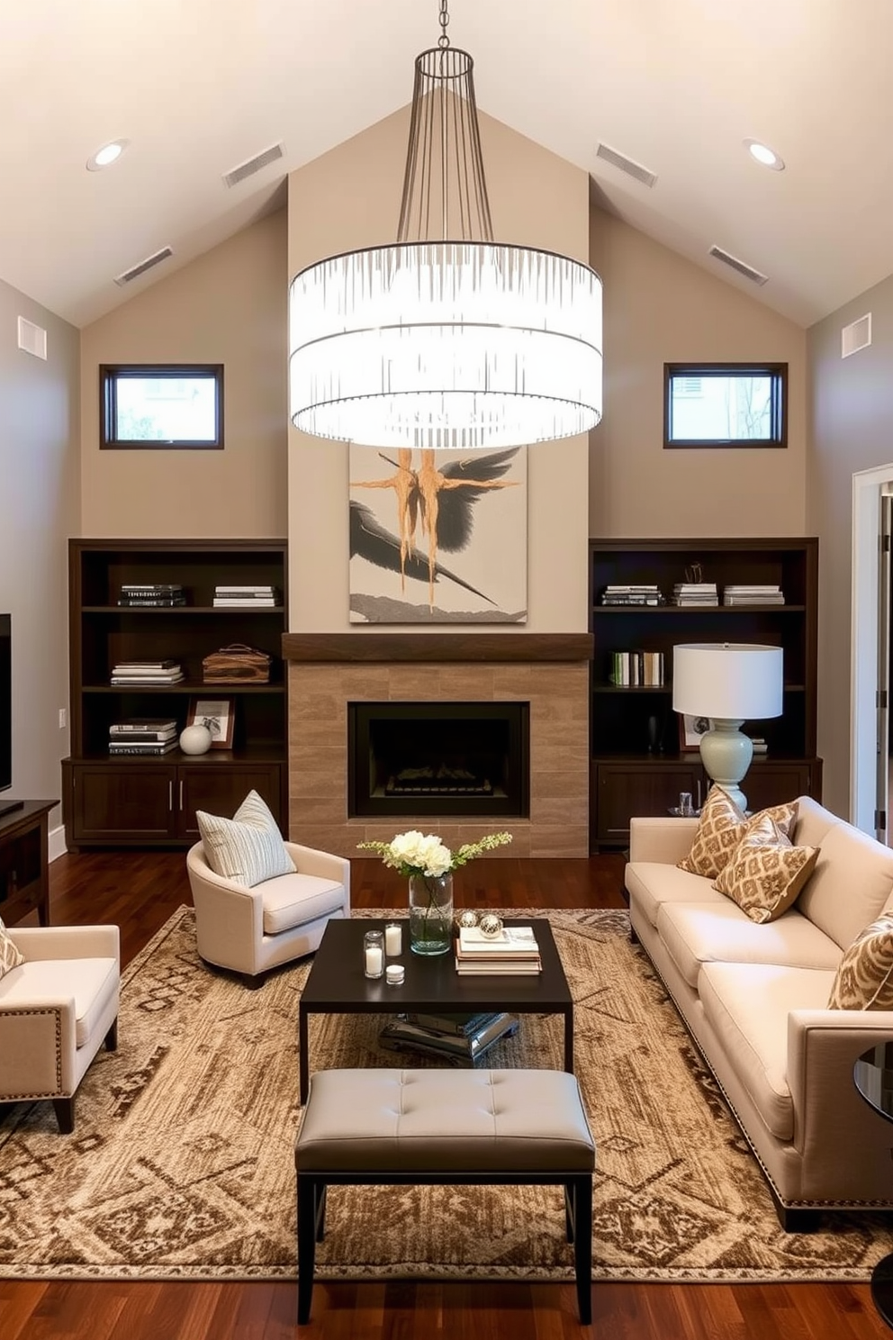 A spacious living room with a statement lighting fixture hanging from a high ceiling serves as the focal point of the space. The room features a blend of modern and traditional furniture, creating a warm and inviting atmosphere. Neutral colored walls complement the rich textures of a plush area rug and soft furnishings. Large windows allow natural light to flood in, enhancing the overall elegance of the transitional design.