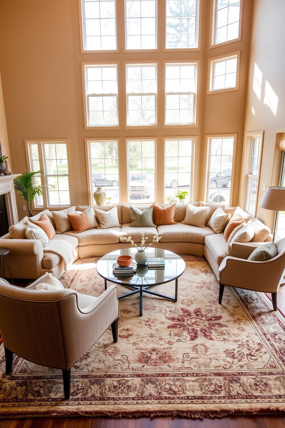 Cozy seating area featuring a comfortable sectional sofa adorned with an array of plush throw pillows in various textures and colors. The room is illuminated by soft, ambient lighting, creating a warm and inviting atmosphere. Incorporate a stylish coffee table made of reclaimed wood, surrounded by a mix of accent chairs that complement the sofa. The walls are painted in a soft neutral tone, adorned with framed artwork that adds a personal touch to the space.