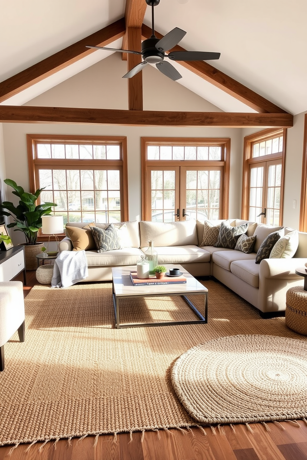 A cozy living room featuring warm wood tones throughout the space. The furniture includes a plush sectional sofa in soft beige and a rustic wooden coffee table that adds charm. Large windows allow natural light to flood in, highlighting the rich textures of the woven area rug. Decorative throw pillows in earthy tones complement the overall inviting atmosphere.