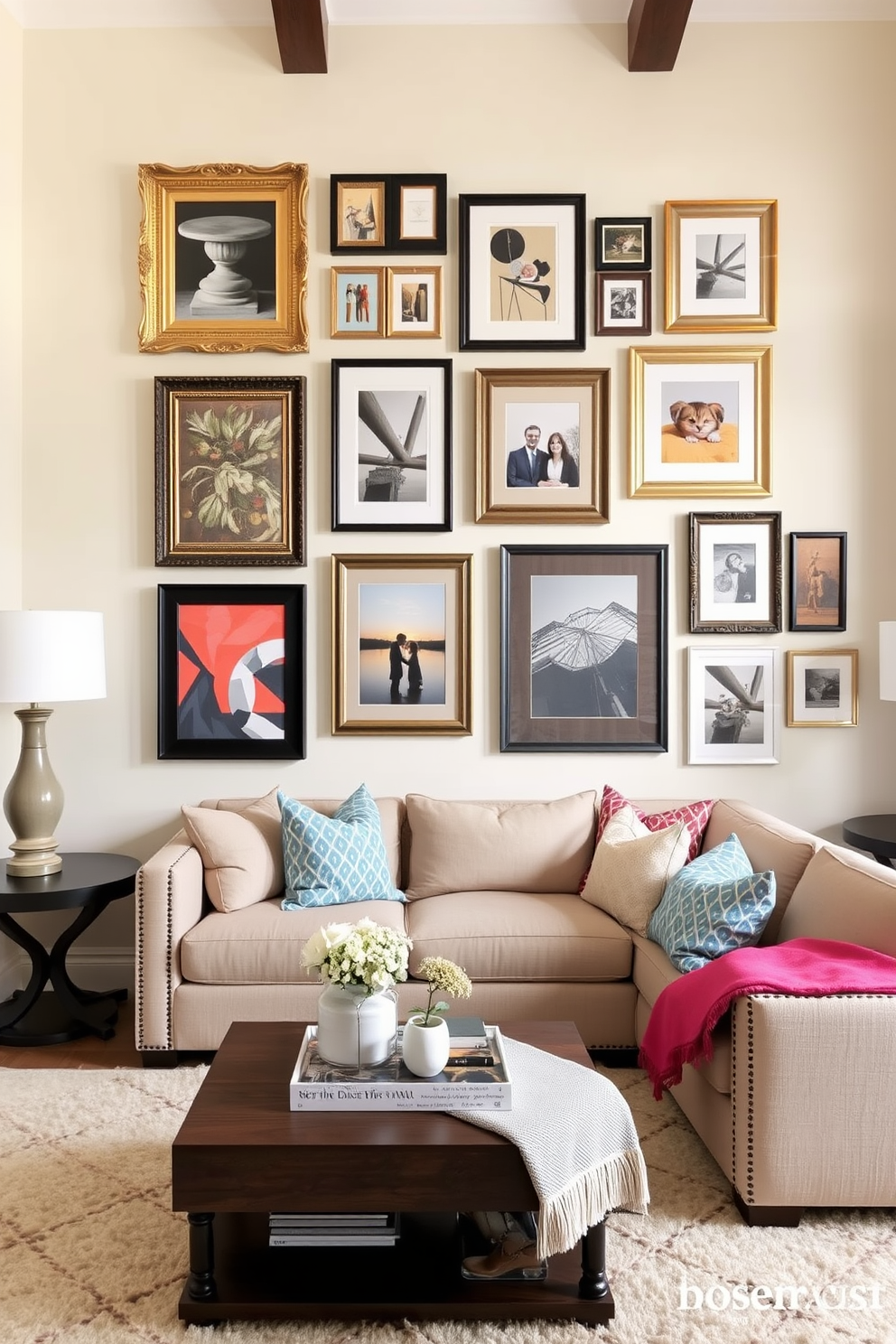 A gallery wall features an eclectic mix of frame styles including ornate gold, sleek black, and rustic wood. The wall showcases a collection of artwork ranging from abstract prints to family photographs, creating a personal and inviting atmosphere. The transitional living room balances modern and traditional elements with a comfortable sectional sofa and a classic coffee table. Soft neutral tones are accented by vibrant throw pillows and a plush area rug, adding warmth and texture to the space.