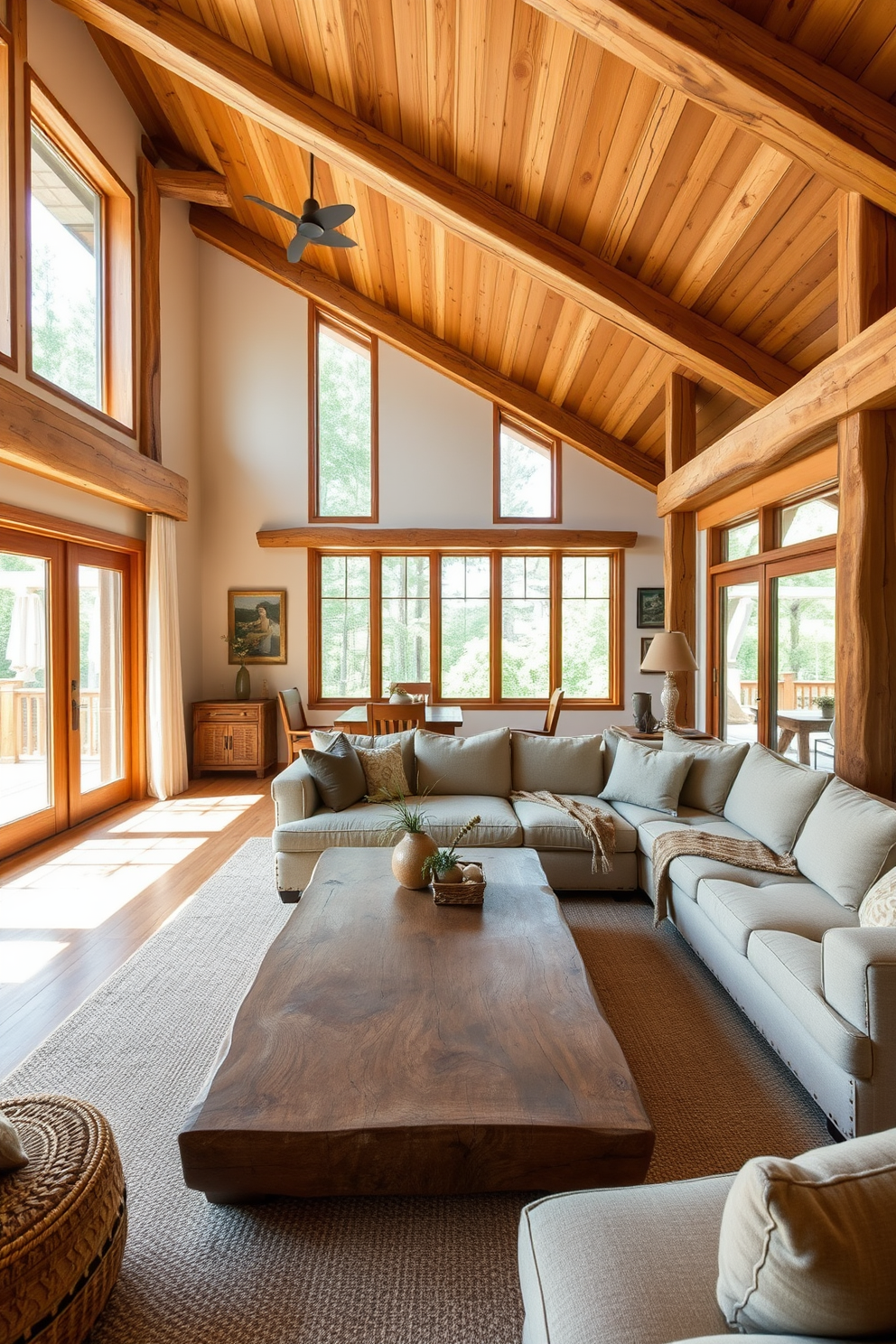 A cozy living room featuring natural wood elements that create an organic feel. The space includes a large wooden coffee table, complemented by a plush sectional sofa in neutral tones. Warm wooden beams adorn the ceiling, enhancing the room's inviting atmosphere. Large windows allow natural light to flood in, highlighting the earthy textures and colors throughout the space.