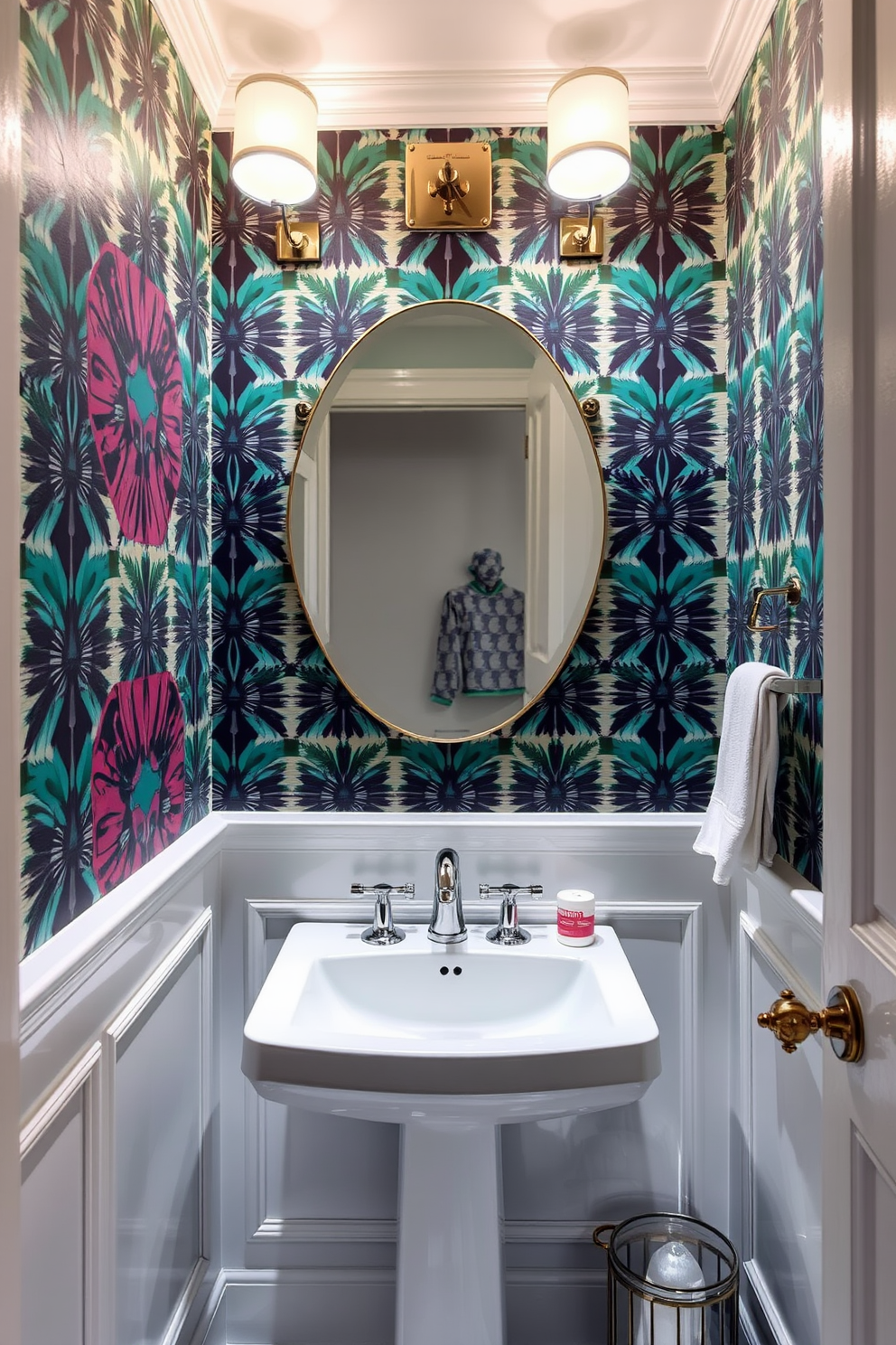 A trendy powder room features bold wallpaper with striking geometric patterns that create a vibrant focal point. The space is complemented by a sleek pedestal sink and modern lighting fixtures that enhance its contemporary aesthetic.