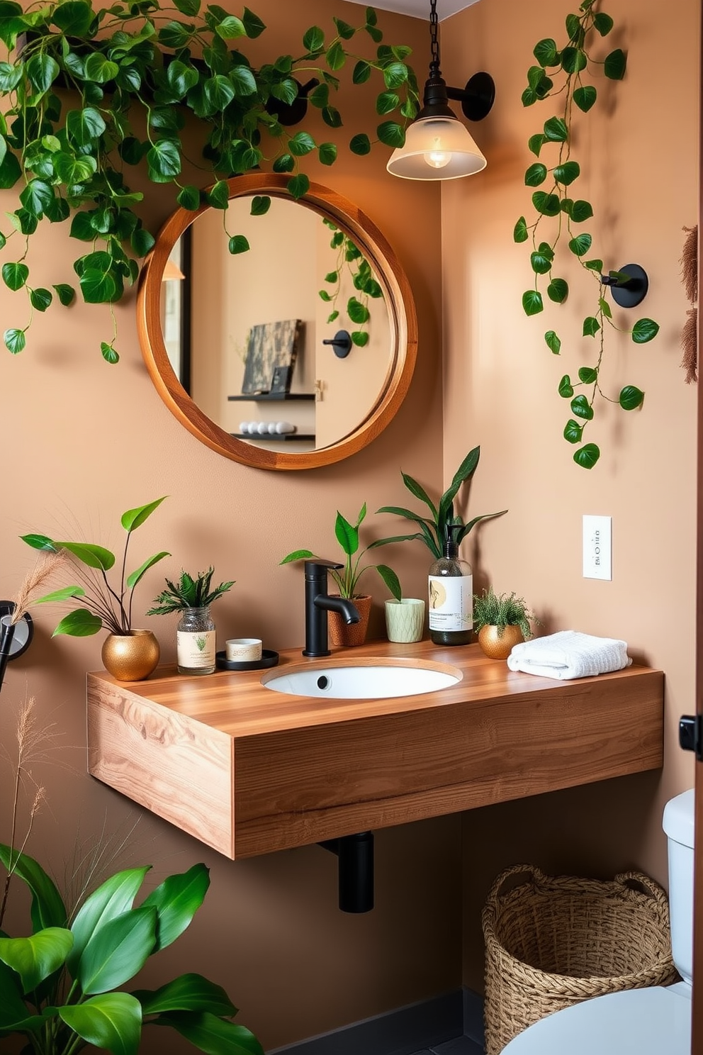 A trendy powder room features nature-inspired decor with lush green plants adorning the space. The walls are painted in a soft earth tone, complemented by a sleek floating vanity made of reclaimed wood. A round mirror with a natural wood frame hangs above the vanity, reflecting the vibrant greenery. Elegant fixtures in matte black add a modern touch, while a woven basket holds fresh towels and organic accessories.