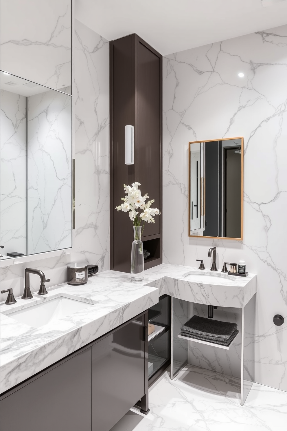 A luxurious powder room featuring elegant marble countertops that exude sophistication. The space is adorned with modern fixtures and stylish accessories that enhance its trendy appeal.