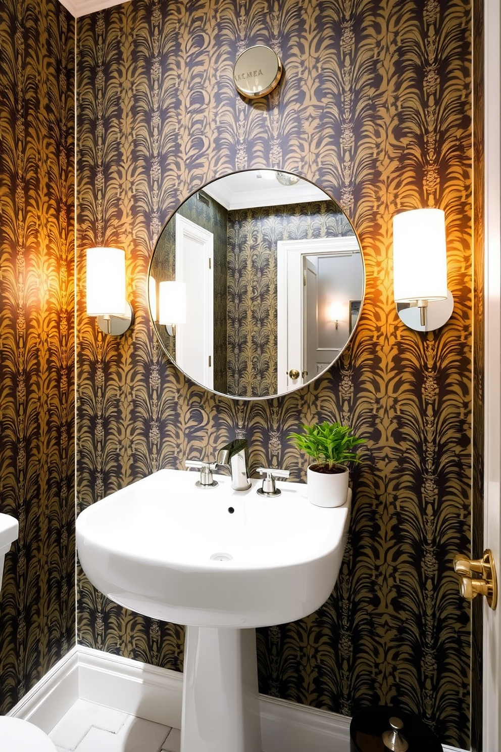 A chic powder room featuring stylish sconces that provide soft ambient lighting. The walls are adorned with a bold wallpaper pattern, and a sleek pedestal sink complements the overall design. The sconces are mounted on either side of a large round mirror, enhancing the room's brightness. A small potted plant sits on the countertop, adding a touch of freshness to the trendy space.