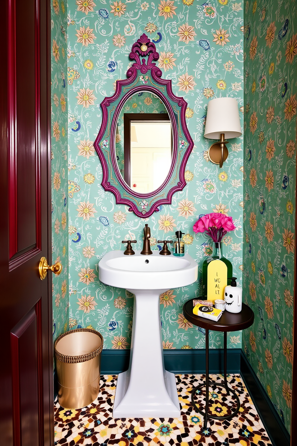 A trendy powder room with whimsical accessories that add a playful charm. The walls are adorned with a vibrant wallpaper featuring playful patterns, and a unique, colorful mirror hangs above a chic pedestal sink. A small, round table next to the sink displays an assortment of quirky decorative items and a playful, oversized soap dispenser. The flooring is a fun mosaic tile that complements the overall lively atmosphere of the space.