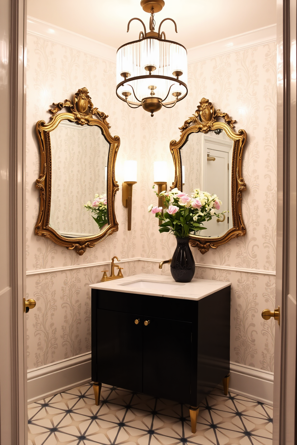 A trendy powder room featuring bold artwork that serves as a focal point. The walls are adorned with a large, vibrant painting that contrasts beautifully with the soft pastel color palette of the room. The vanity is sleek and modern with a unique sink design that adds character. Stylish lighting fixtures illuminate the space, enhancing the overall ambiance and making the artwork pop.