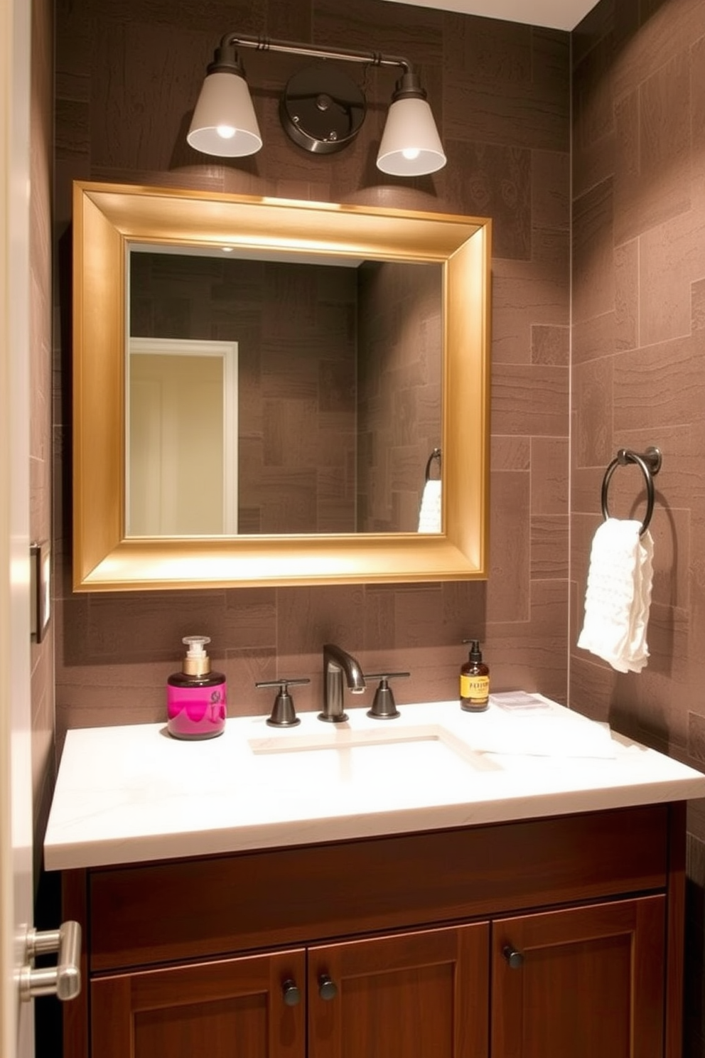 Textured wall finishes create a rich and inviting atmosphere in a trendy powder room. Consider using a combination of plaster and wallpaper to add depth and visual interest to the space. Incorporate sleek fixtures and bold colors to enhance the modern aesthetic. A stylish vanity with unique hardware and a statement mirror can serve as a focal point in the design.