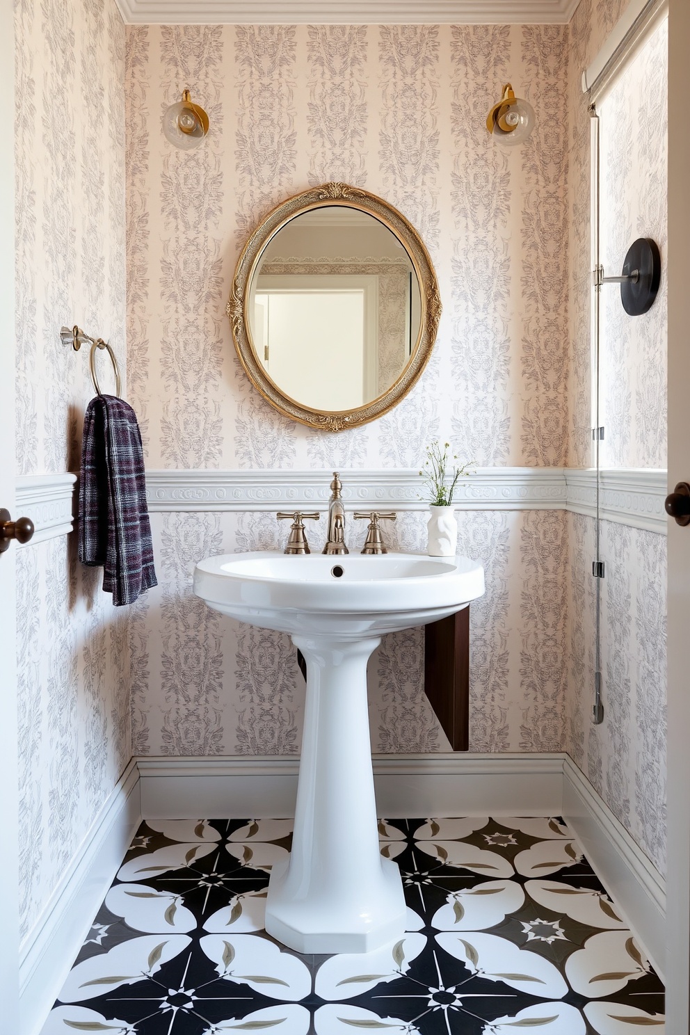 A vintage-inspired pedestal sink setup features a classic white porcelain sink with elegant curves and a polished chrome faucet. The surrounding walls are adorned with intricate wallpaper in soft pastels, and a round mirror with a decorative frame hangs above the sink. Trendy powder room design ideas include bold geometric tiles on the floor that create a striking visual impact. A sleek floating vanity in a dark wood finish complements the modern aesthetic, while stylish lighting fixtures add a touch of sophistication.