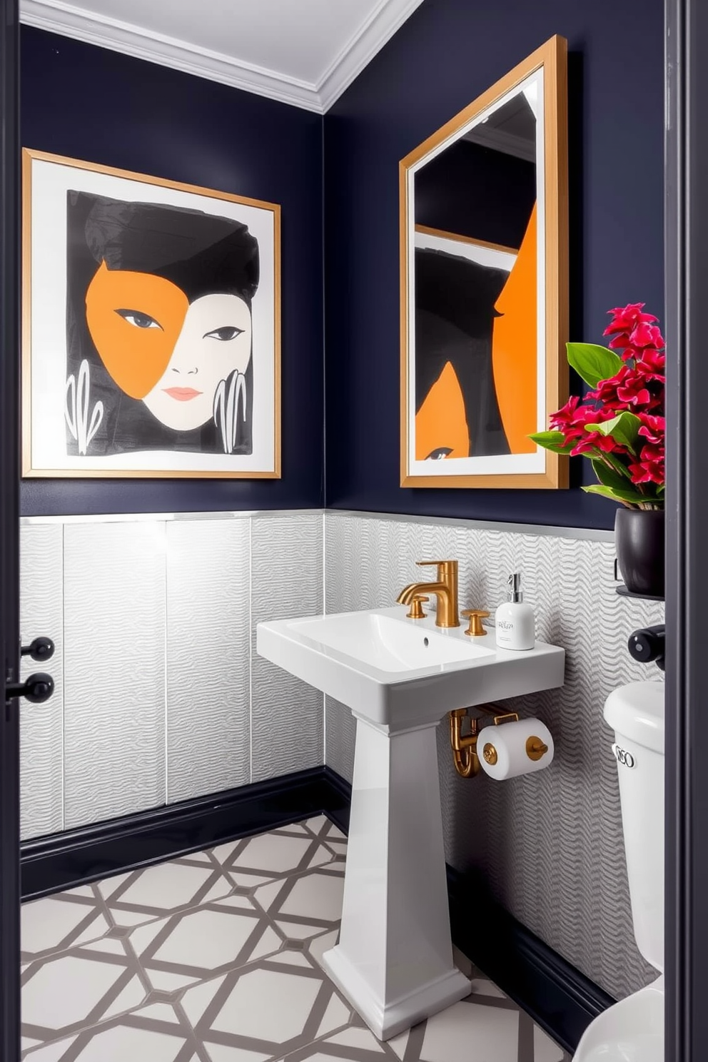 A trendy powder room features elegant marble countertops that exude luxury and sophistication. The space is adorned with contemporary fixtures and chic accessories to create a stylish yet functional environment.