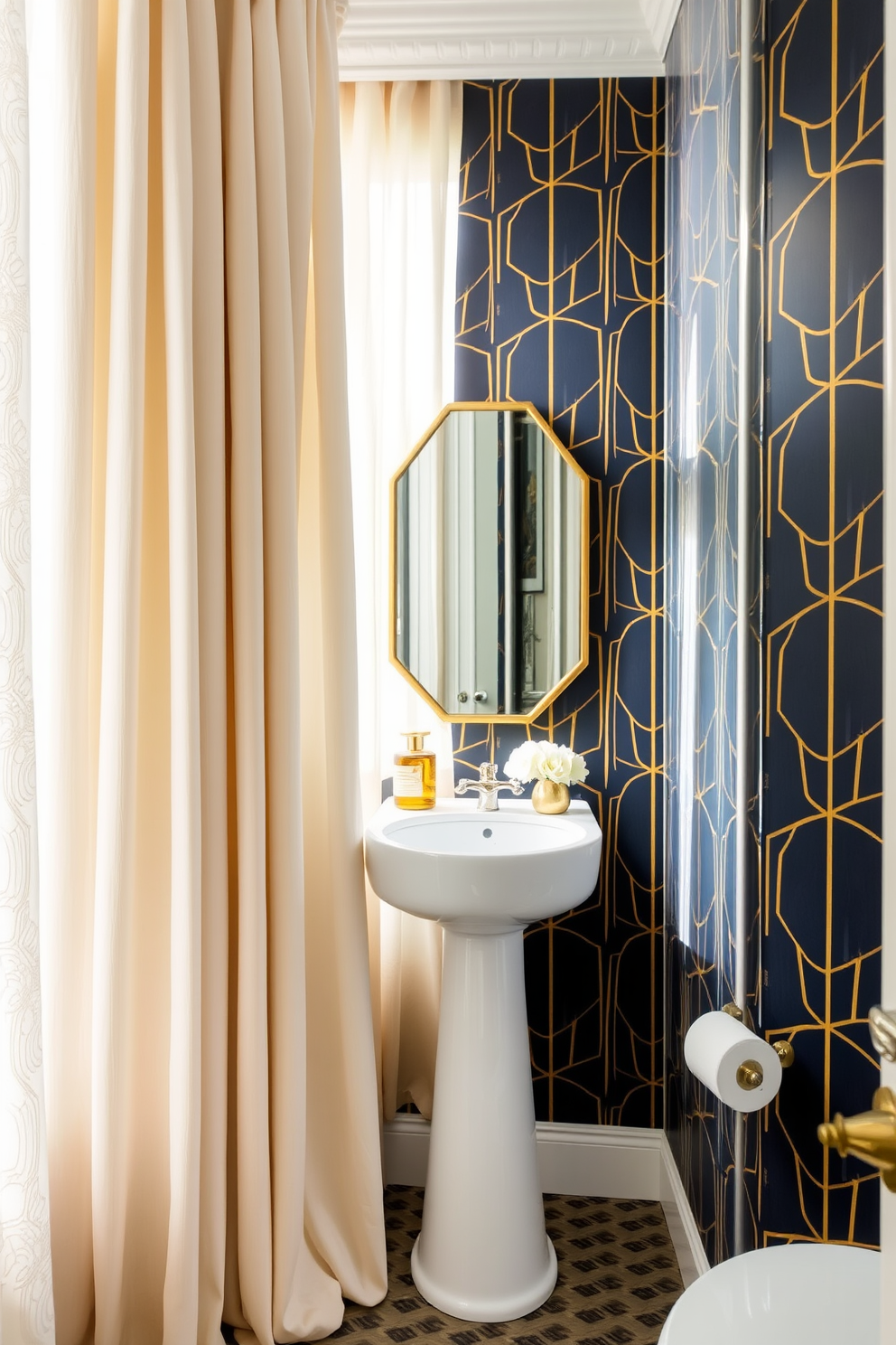 Elegant drapery for softening edges. The room features floor-to-ceiling sheer curtains in a soft ivory hue, allowing natural light to filter through while creating a cozy atmosphere. Trendy Powder Room Design Ideas. The space includes a chic pedestal sink paired with a gold-framed mirror, complemented by bold wallpaper featuring an abstract geometric pattern in deep navy and gold tones.