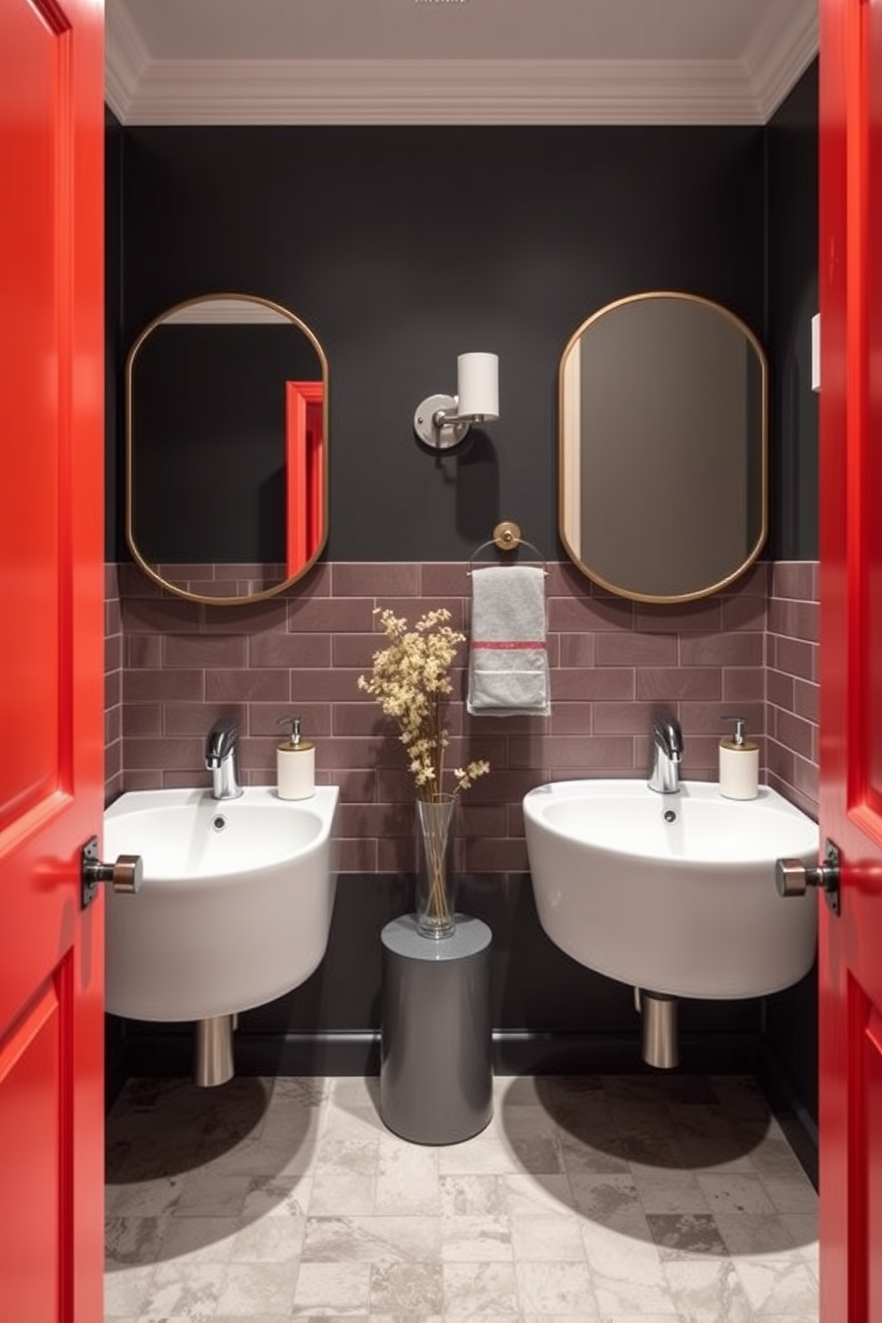 Create a trendy powder room that features unique sink shapes to enhance its appeal. Incorporate bold colors and modern fixtures to create a striking visual impact.