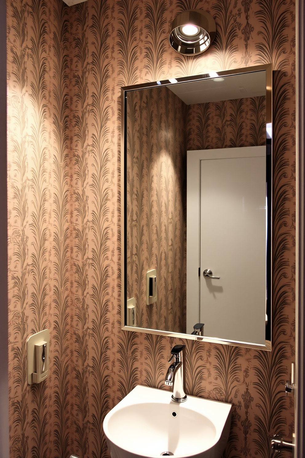 A trendy powder room featuring layered lighting that enhances the ambiance and offers versatility. The design includes a chic wall-mounted sink with a stylish faucet, complemented by a large round mirror that reflects the warm glow of pendant lights above. The walls are adorned with bold wallpaper featuring a modern geometric pattern, creating a striking focal point. A small potted plant sits on a floating shelf, adding a touch of greenery and life to the space.