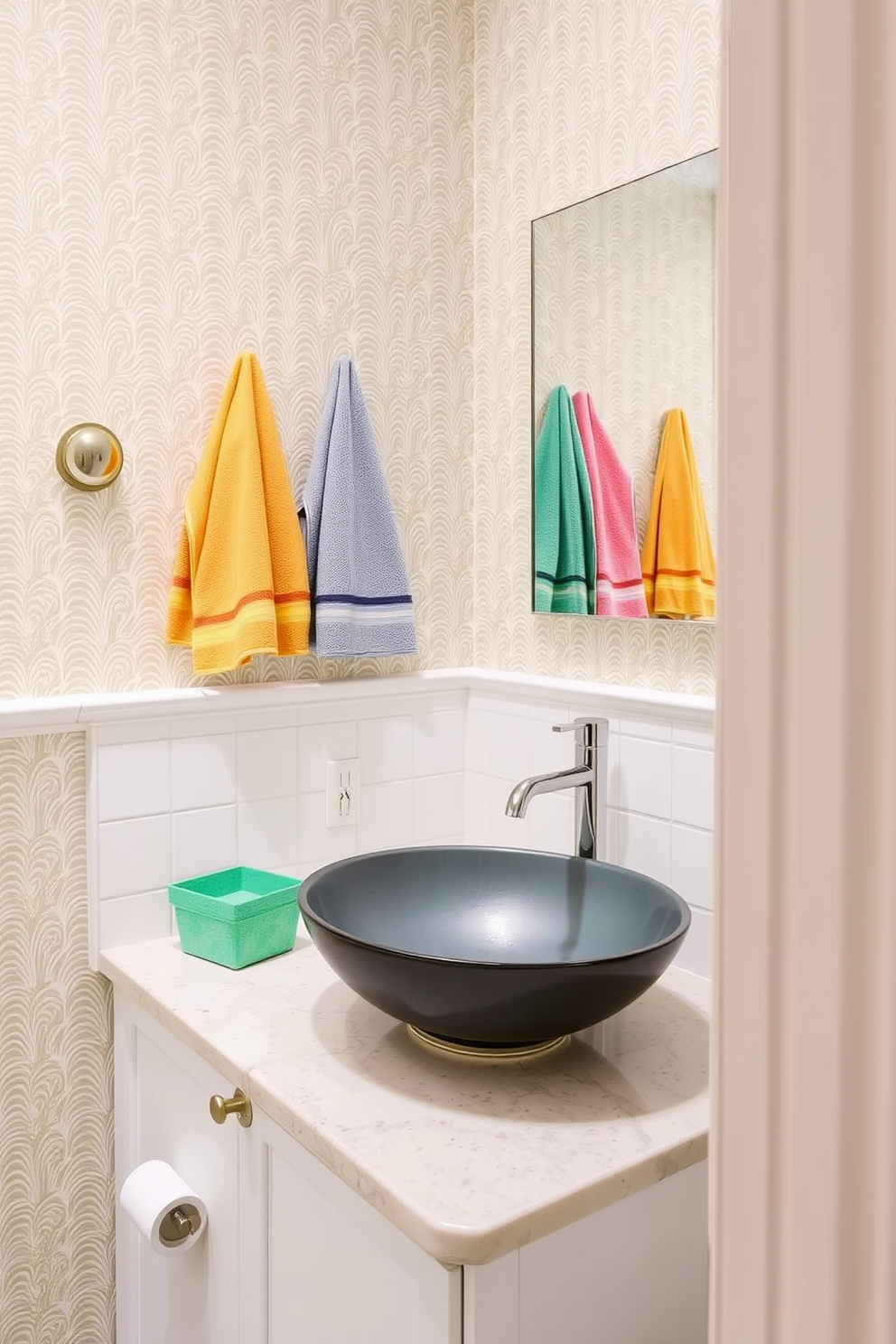 A trendy powder room featuring colorful hand towels that add a fresh touch to the space. The walls are adorned with a chic wallpaper pattern, and the vanity is topped with a stylish vessel sink that enhances the modern aesthetic.