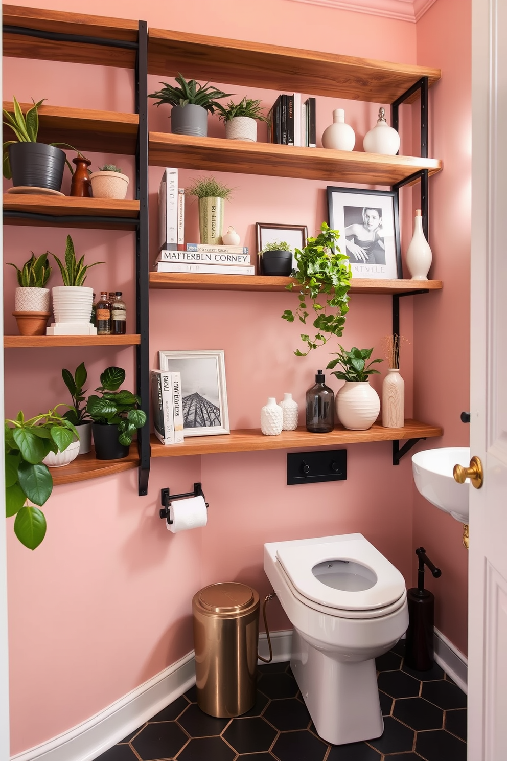 A cozy powder room featuring rustic elements. The walls are adorned with reclaimed wood panels, and a vintage-style sink sits atop a distressed wooden vanity. Soft, warm lighting illuminates the space, creating an inviting ambiance. A woven basket filled with plush towels adds a touch of comfort and practicality.