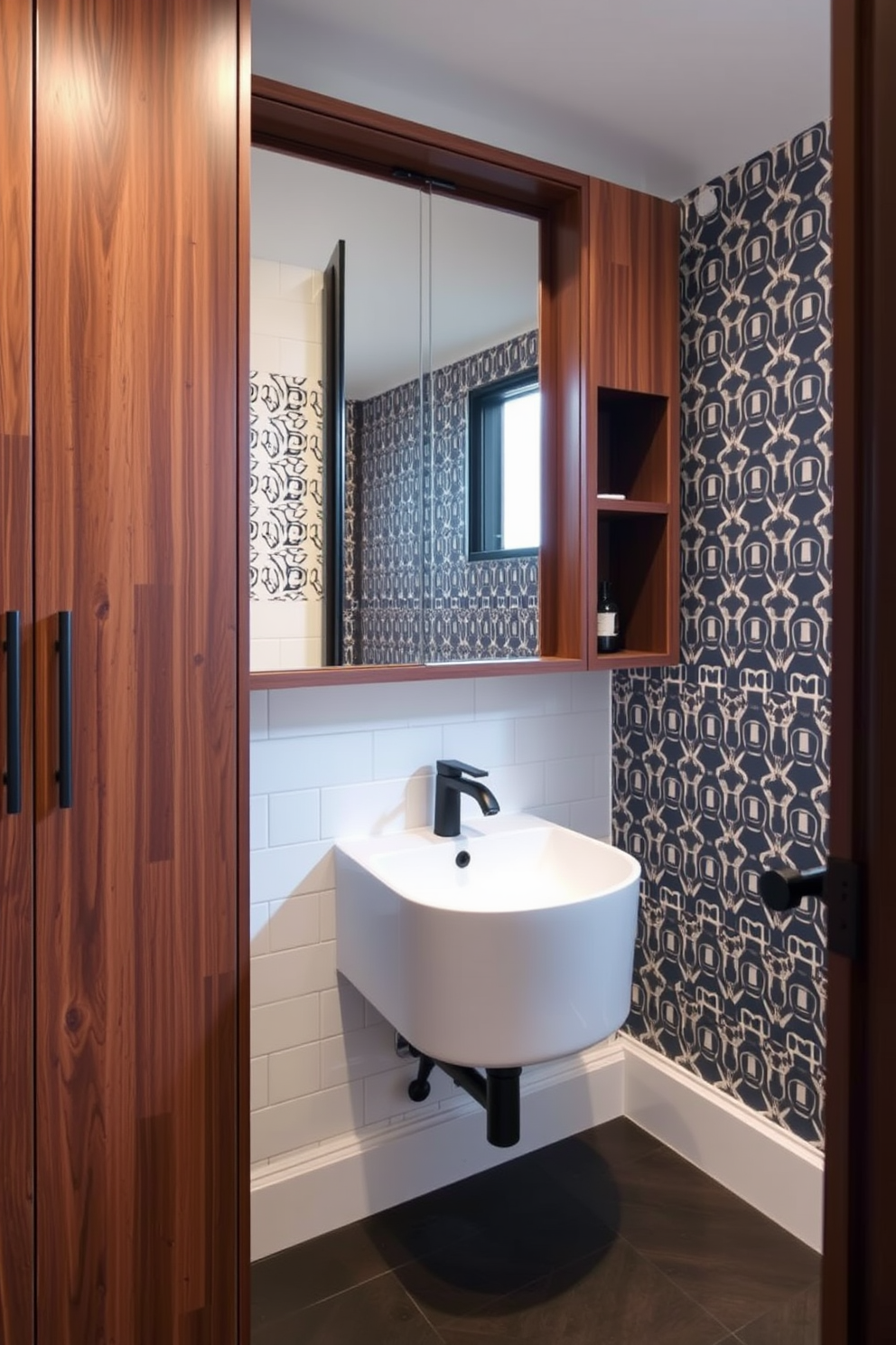 A trendy powder room features bright pendant lights that create a focal point above the sink area. The walls are adorned with bold wallpaper, and the flooring showcases chic geometric tiles.