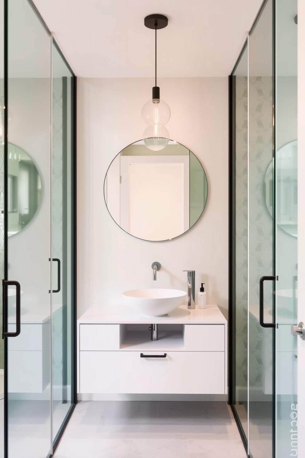 A stylish powder room featuring a striking black and white color scheme. The walls are adorned with bold black and white geometric wallpaper, and a sleek white pedestal sink stands against the backdrop. A large round mirror with a black frame hangs above the sink, reflecting the modern lighting fixtures. The floor is covered in black and white checkerboard tiles, creating a dramatic visual impact.