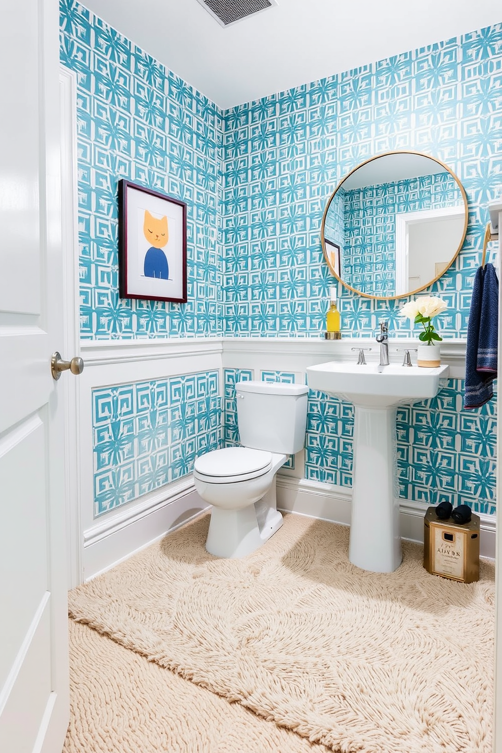 A trendy powder room featuring integrated technology for modern convenience. The space includes a sleek smart mirror with touch controls and ambient lighting, paired with a floating vanity that has built-in charging ports. The walls are adorned with bold, geometric wallpaper that complements the stylish fixtures. A compact, high-efficiency toilet is seamlessly integrated into the design, while a chic pendant light adds a touch of elegance.