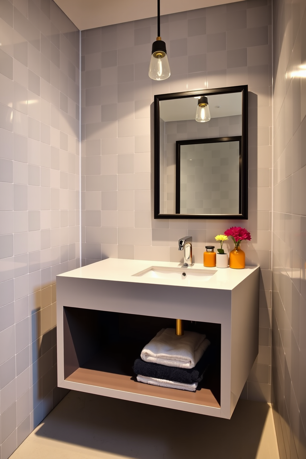 A sleek floating vanity with open shelving showcases a minimalist design. The walls are adorned with bold geometric tiles that add a modern touch to the space. The powder room features a stylish mirror framed in black, reflecting the elegant lighting above. Accessories in vibrant colors bring warmth and personality to the overall aesthetic.