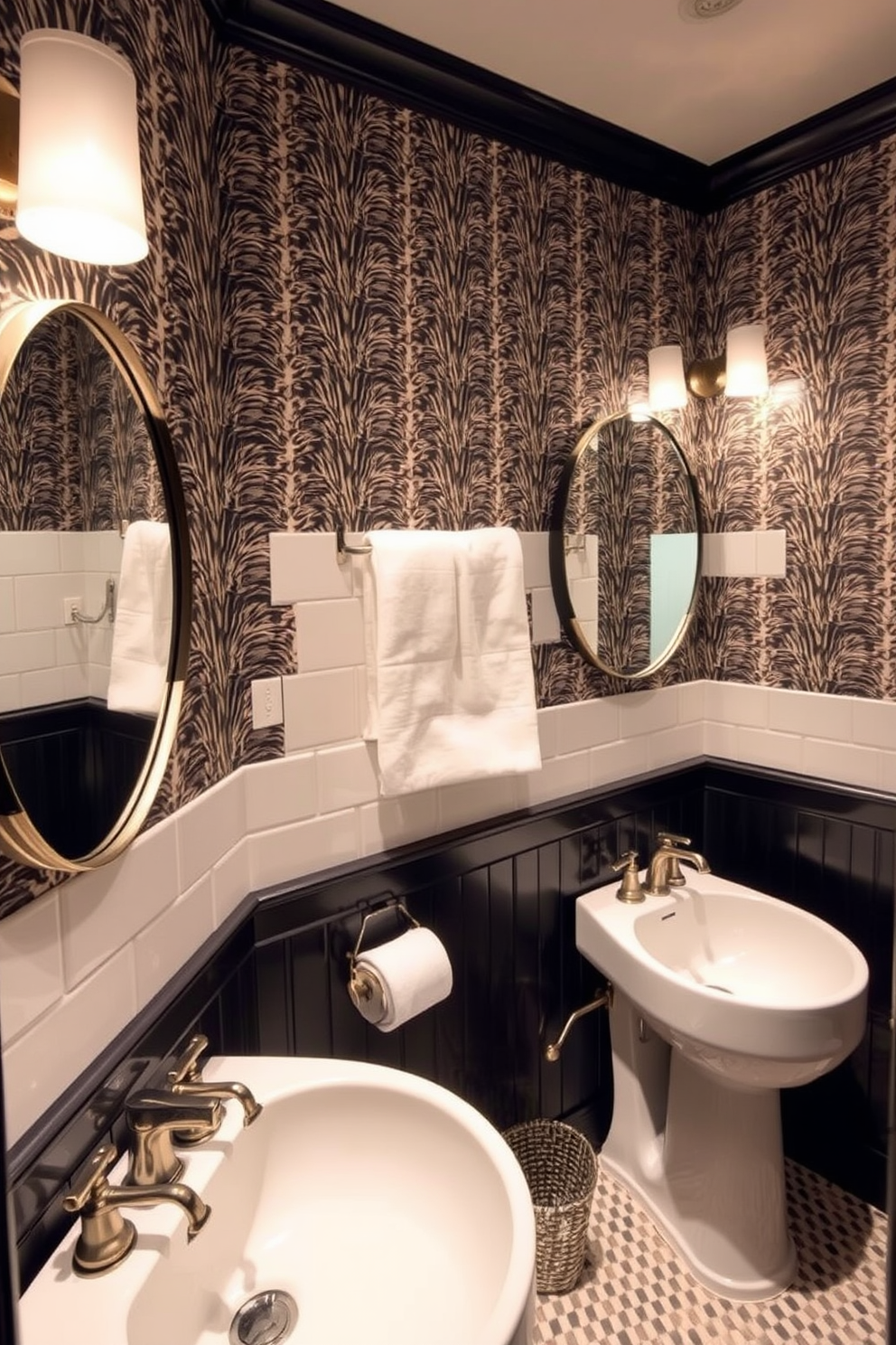 A trendy powder room features statement faucets that serve as conversation starters. The walls are adorned with bold wallpaper, and the lighting is soft and inviting, creating a warm atmosphere.