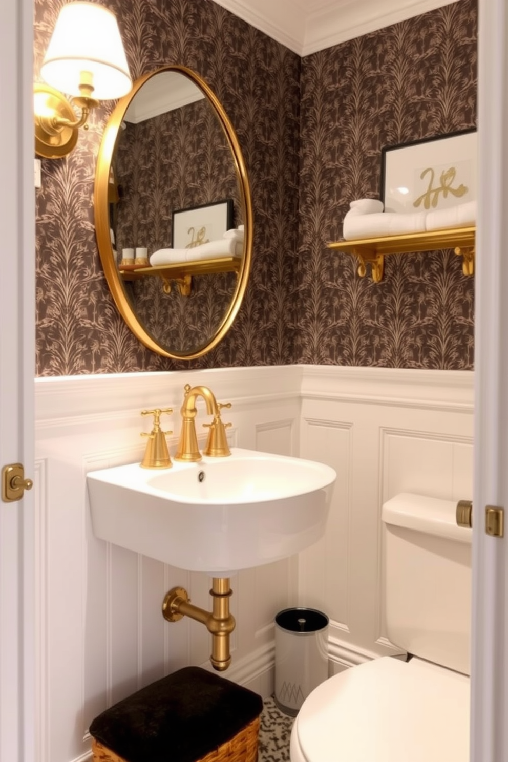 A trendy powder room features elegant gold fixtures that add a luxe touch to the space. The walls are adorned with a chic wallpaper pattern, and a stylish pedestal sink complements the overall design.