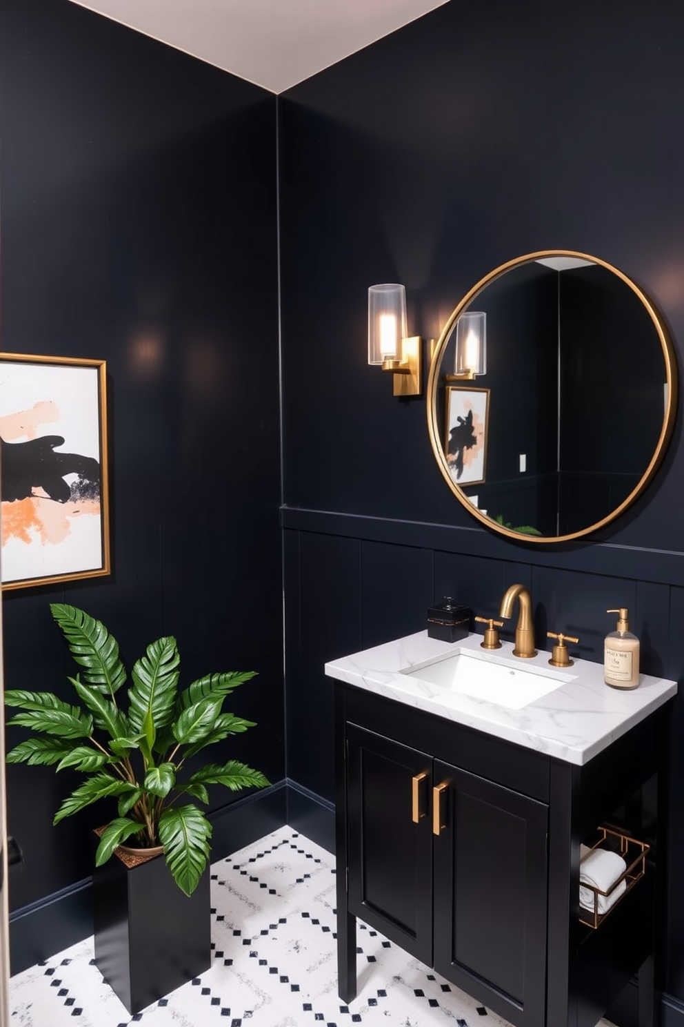 A trendy powder room features a dark, moody color palette with deep navy blue walls and a black accent wall. The space is illuminated by stylish sconces that cast a warm glow, enhancing the dramatic atmosphere. The vanity is a sleek black design with a white marble top, paired with a round mirror framed in brushed gold. Decorative elements include a bold abstract artwork and lush greenery in a modern planter, adding a touch of vibrancy to the room.