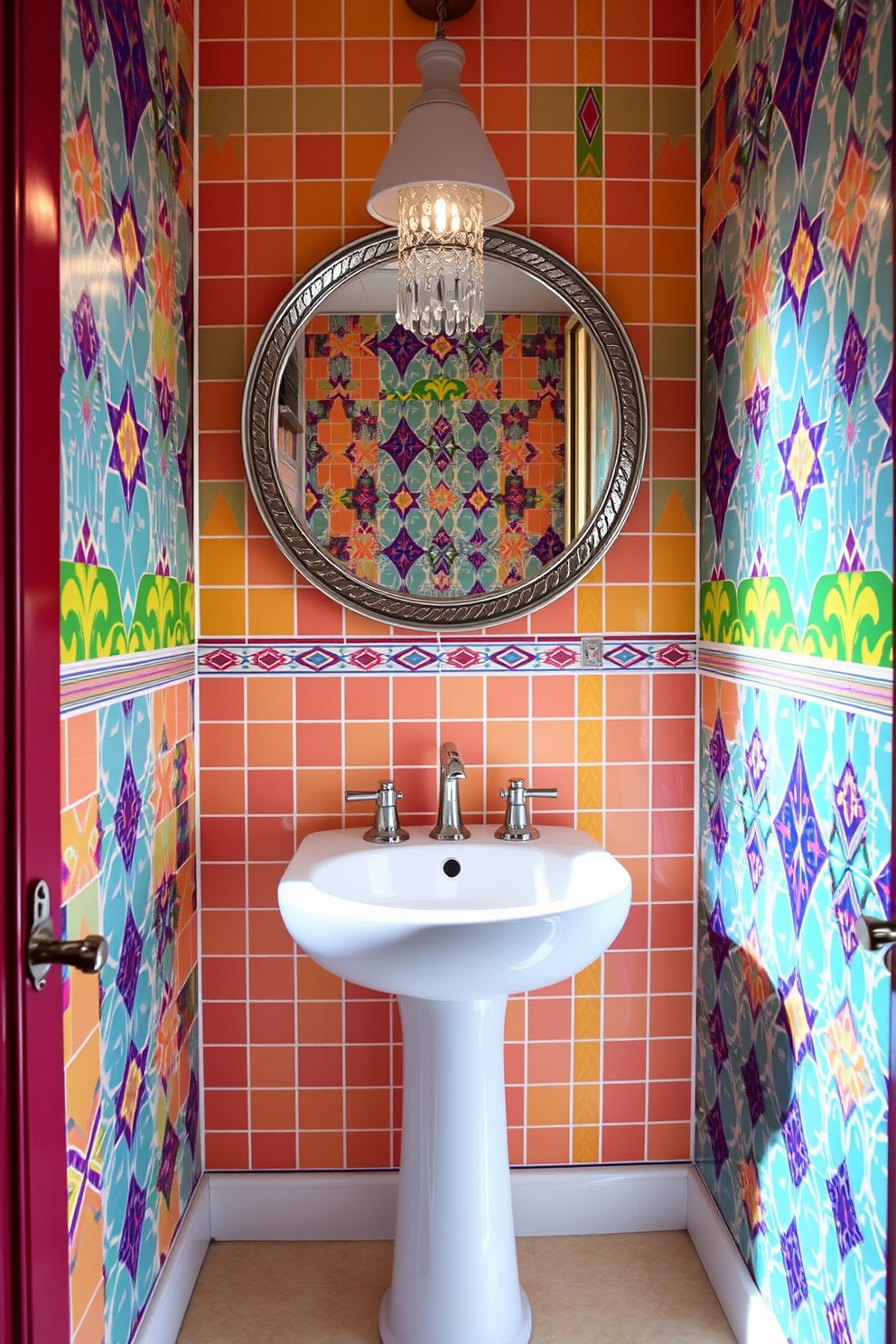 Bright vibrant tiles in a trendy powder room create an eye-catching focal point. The walls are adorned with colorful geometric patterns that energize the space while complementing sleek fixtures. A modern pedestal sink with a polished chrome faucet stands against the vibrant backdrop. Above the sink, a round mirror with a decorative frame reflects the lively tiles, enhancing the room's brightness.