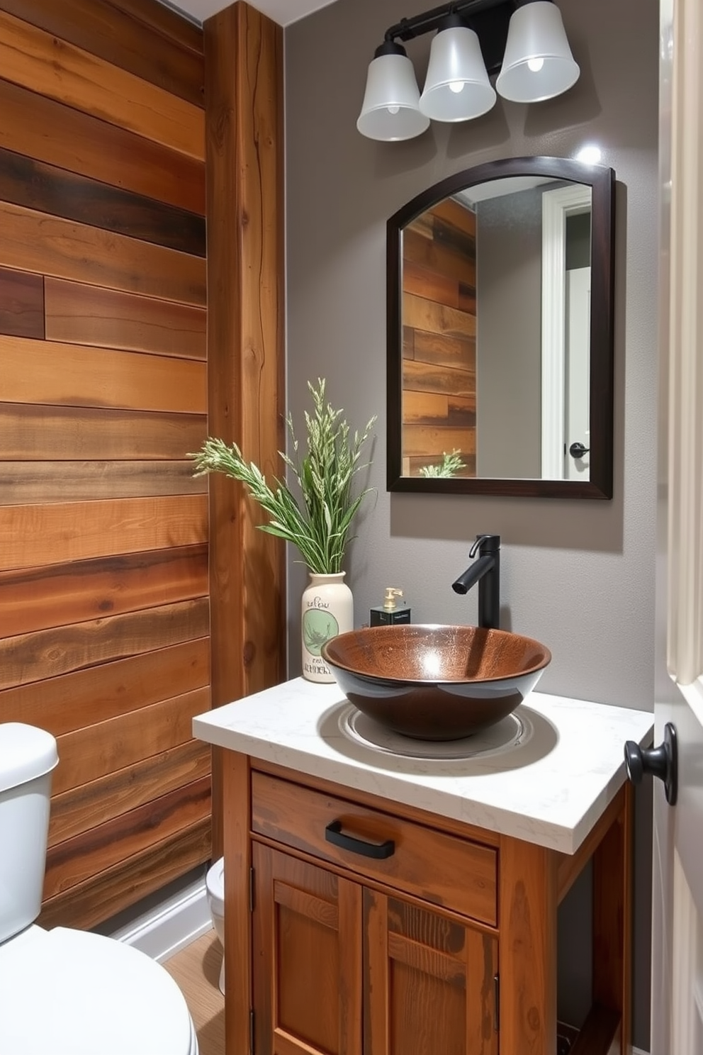 A trendy powder room featuring rustic wood accents that add warmth and character. The walls are adorned with reclaimed wood panels, and a stylish vessel sink sits atop a distressed wooden vanity.