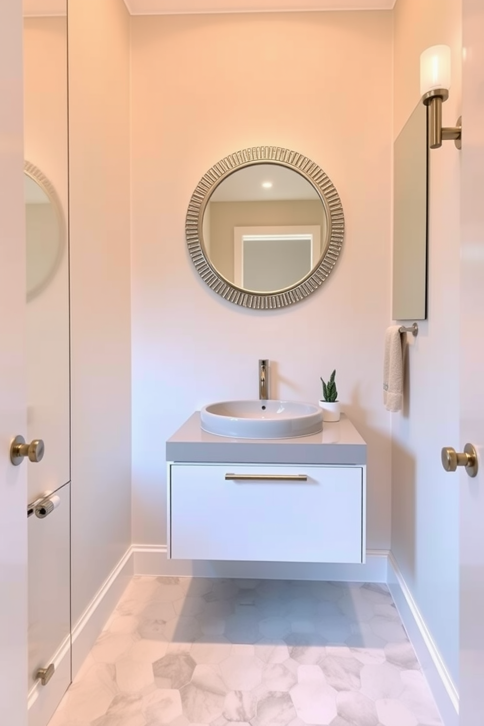 A trendy powder room design features mirrored accents that reflect light and create an illusion of space. The walls are adorned with a soft pastel hue, and the floor is covered with elegant hexagonal tiles. A sleek floating vanity with a glossy finish complements the modern aesthetic. Above the vanity, a large round mirror with a decorative frame enhances the room's brightness and style.