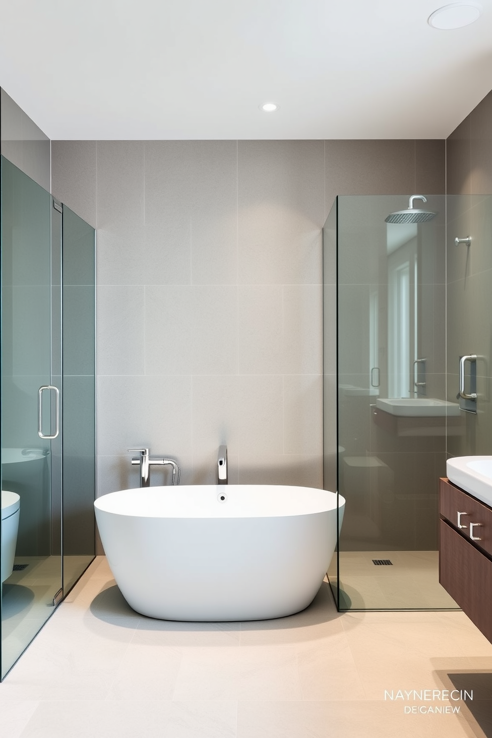 A modern bathroom design featuring a sleek freestanding tub positioned centrally with a glass shower enclosure adjacent to it. The space is adorned with neutral tones and minimalist fixtures, creating a serene and inviting atmosphere.