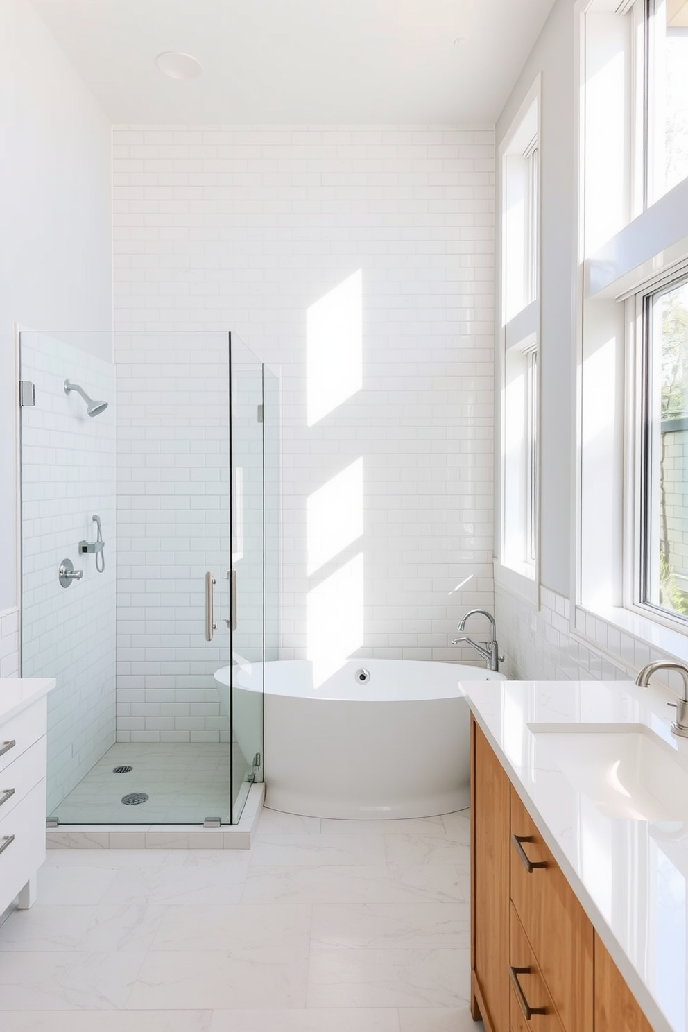 Open concept tub shower in natural light. The space features a freestanding soaking tub adjacent to a glass-enclosed shower, allowing for seamless flow and accessibility. Soft white tiles cover the walls, complemented by a light wood vanity with elegant fixtures. Natural light floods the room through large windows, enhancing the serene atmosphere.