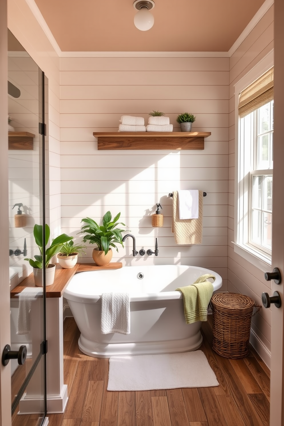 A charming bathroom featuring a farmhouse style tub with elegant shiplap walls. The tub is complemented by a rustic wooden shelf adorned with potted plants and soft towels. In this design, a modern shower combo is seamlessly integrated, offering both functionality and style. The warm color palette creates a cozy atmosphere, enhanced by natural light streaming through a nearby window.