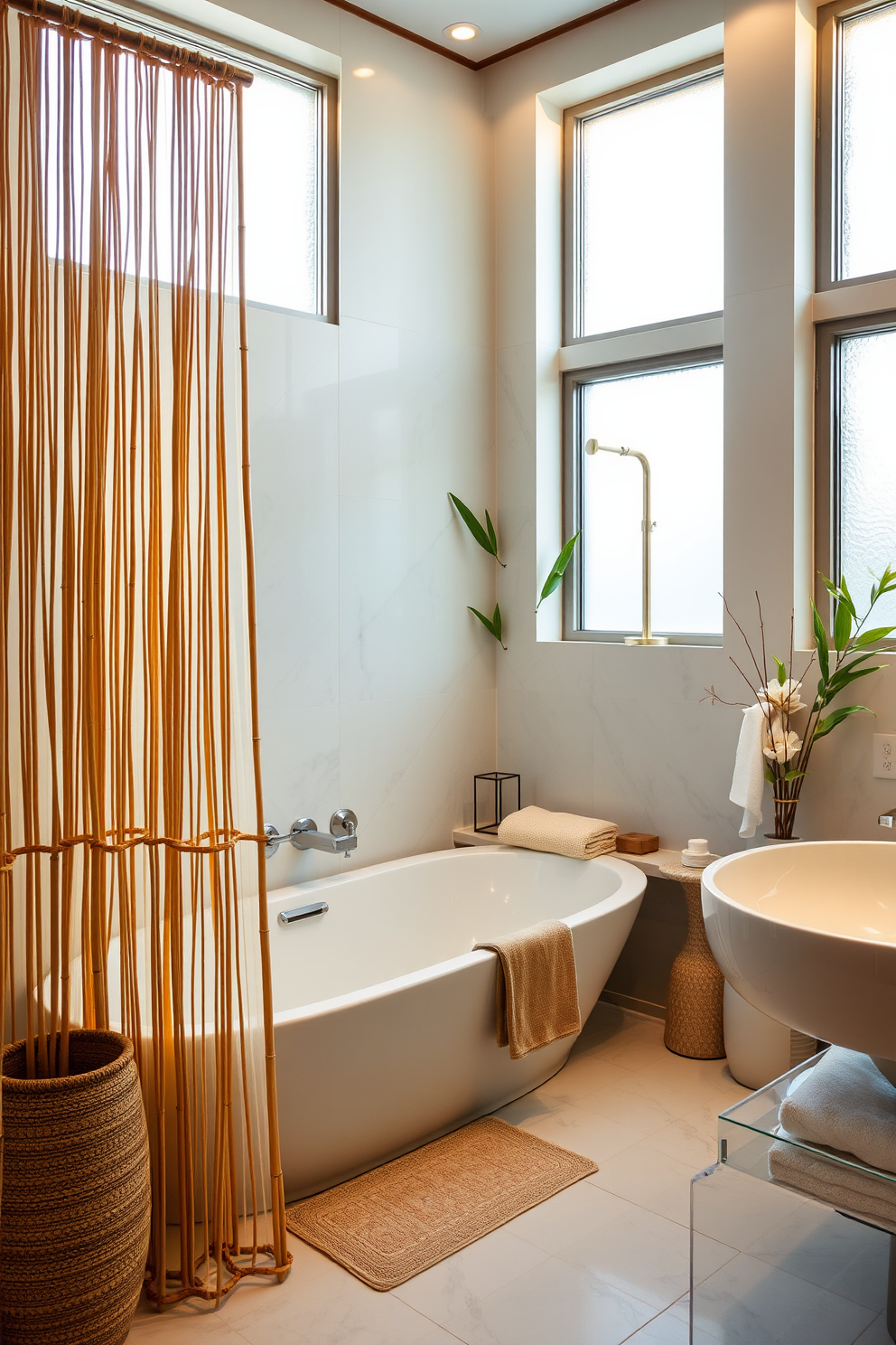 A serene bathroom design that embodies a spa-like atmosphere. The space features bamboo accents throughout, including a bamboo shower curtain and decorative elements. A modern tub shower combo is elegantly integrated into the design. Soft, neutral tones enhance the calming effect, while natural light filters in through frosted glass windows.