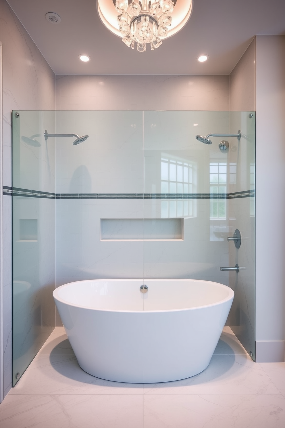 A luxurious bathroom featuring a soaking tub positioned beneath dual shower heads. The space is designed with elegant tiles and a seamless glass enclosure, complemented by soft ambient lighting.