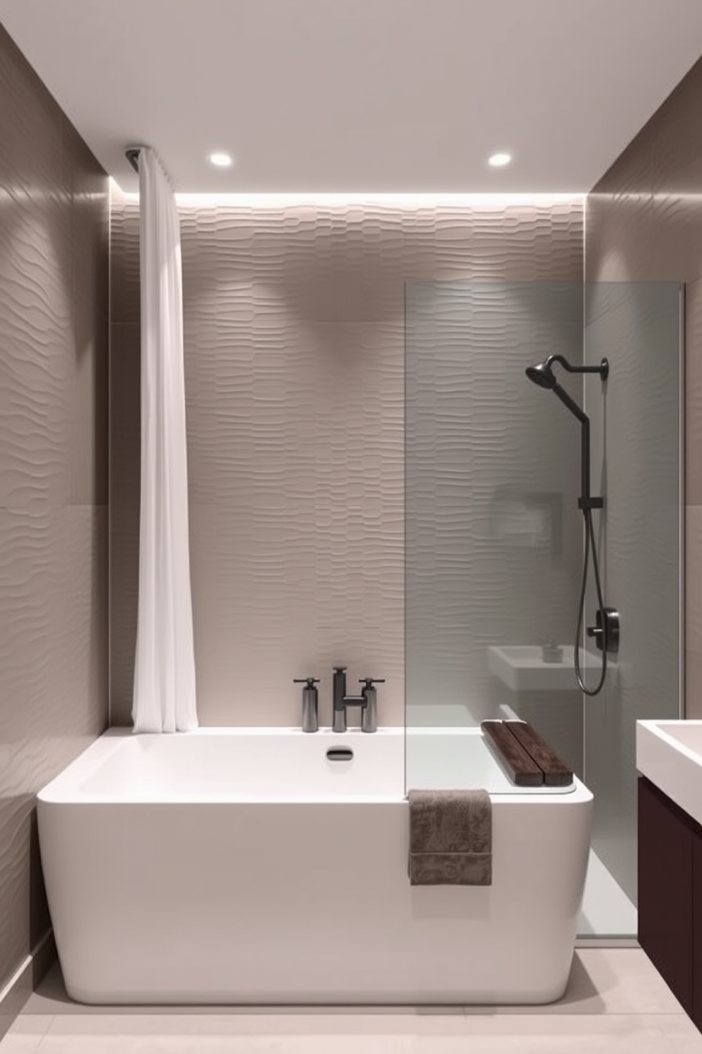 Textured wall panels create a striking backdrop for a modern tub and shower combo in this elegant bathroom. The space features sleek fixtures and a minimalist aesthetic, with a focus on comfort and functionality.